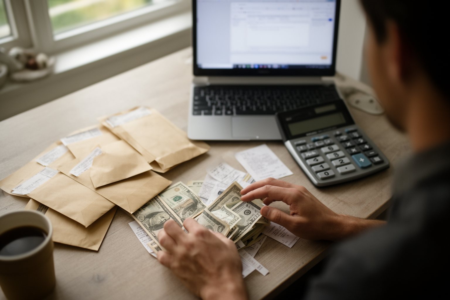 Revealed: The Side Hustle Secrets That Your 9-5 Doesn’t Want You to Know Hands sorting earnings into labelled envelopes beside a laptop, tracking multiple income streams