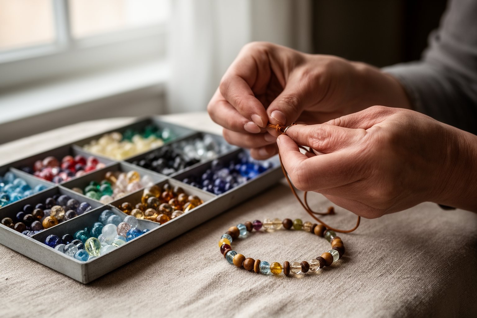 10 DIY Gifts for Teen Girls That Will Impress Hands stringing a beaded bracelet from a tray of coloured beads