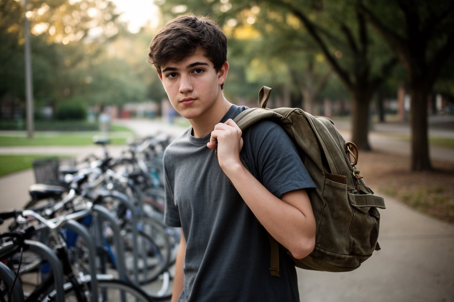 10 Must-Have Fashion Items for Teen Boys Student slinging a canvas backpack over his shoulder beside a bike rack