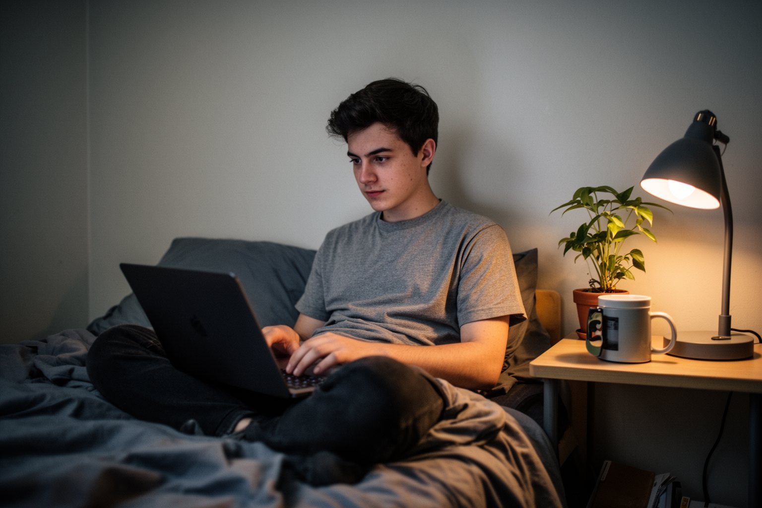 Student installing free antivirus on a laptop in a dorm room