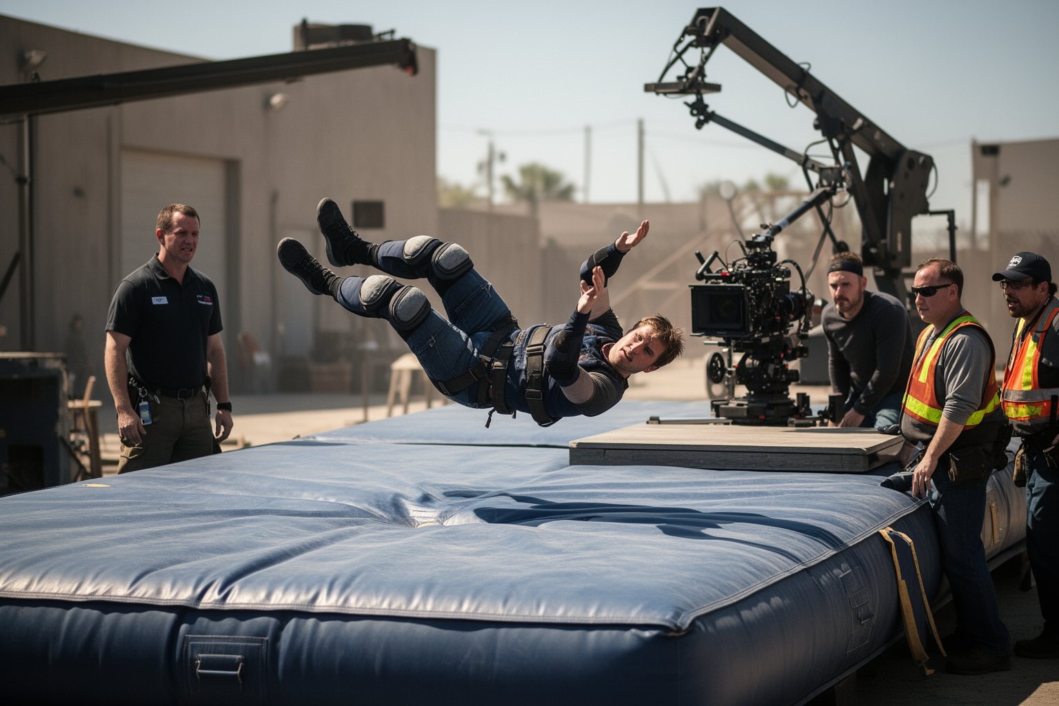 Entertainment Industry Behind the Scenes: Hidden Faces Stunt performer rehearsing a high fall onto a crash mat with a safety crew watching