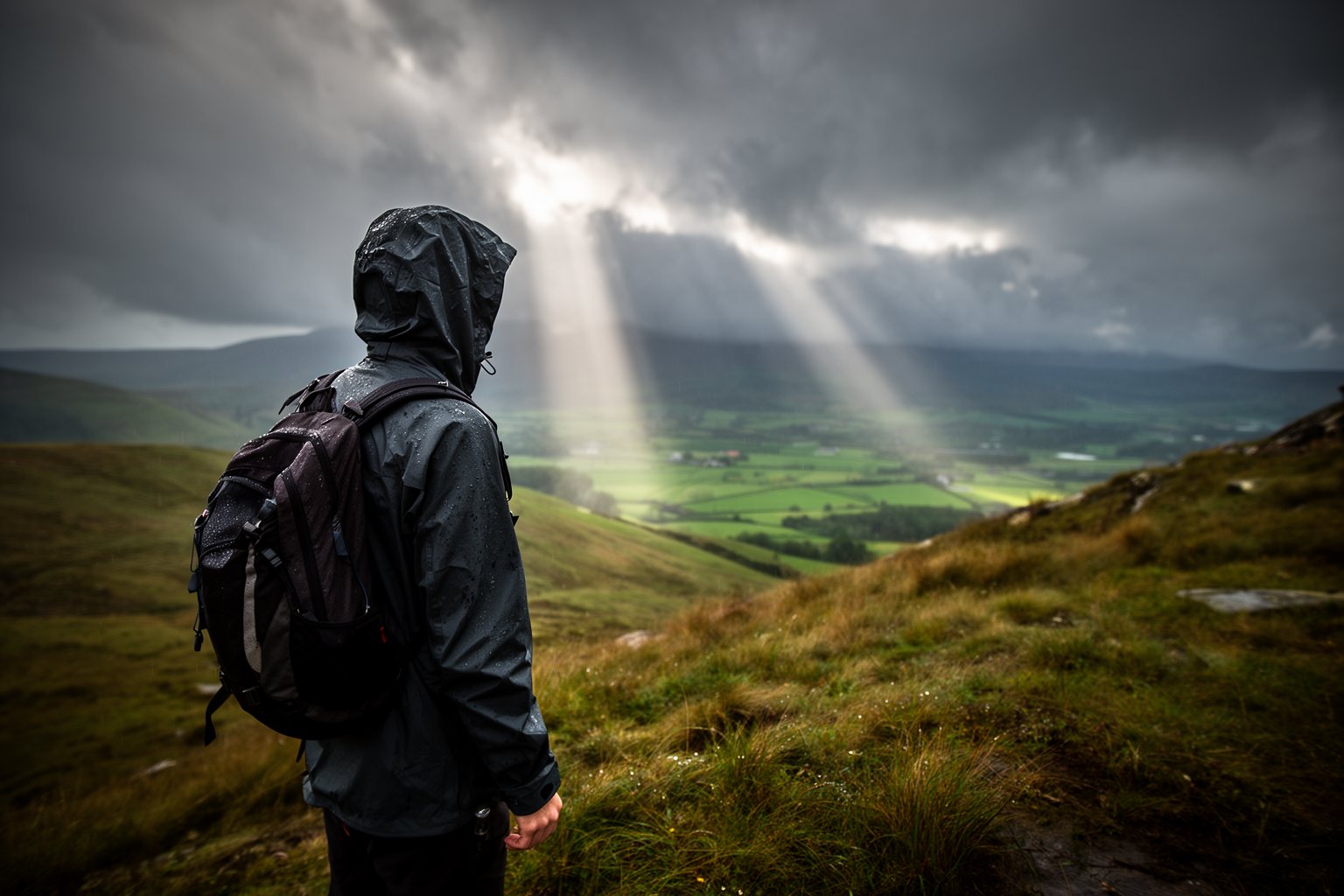 The Upside of Optimism: How to Always Look on the Bright Side Hiker watching sunlight break through storm clouds over a valley