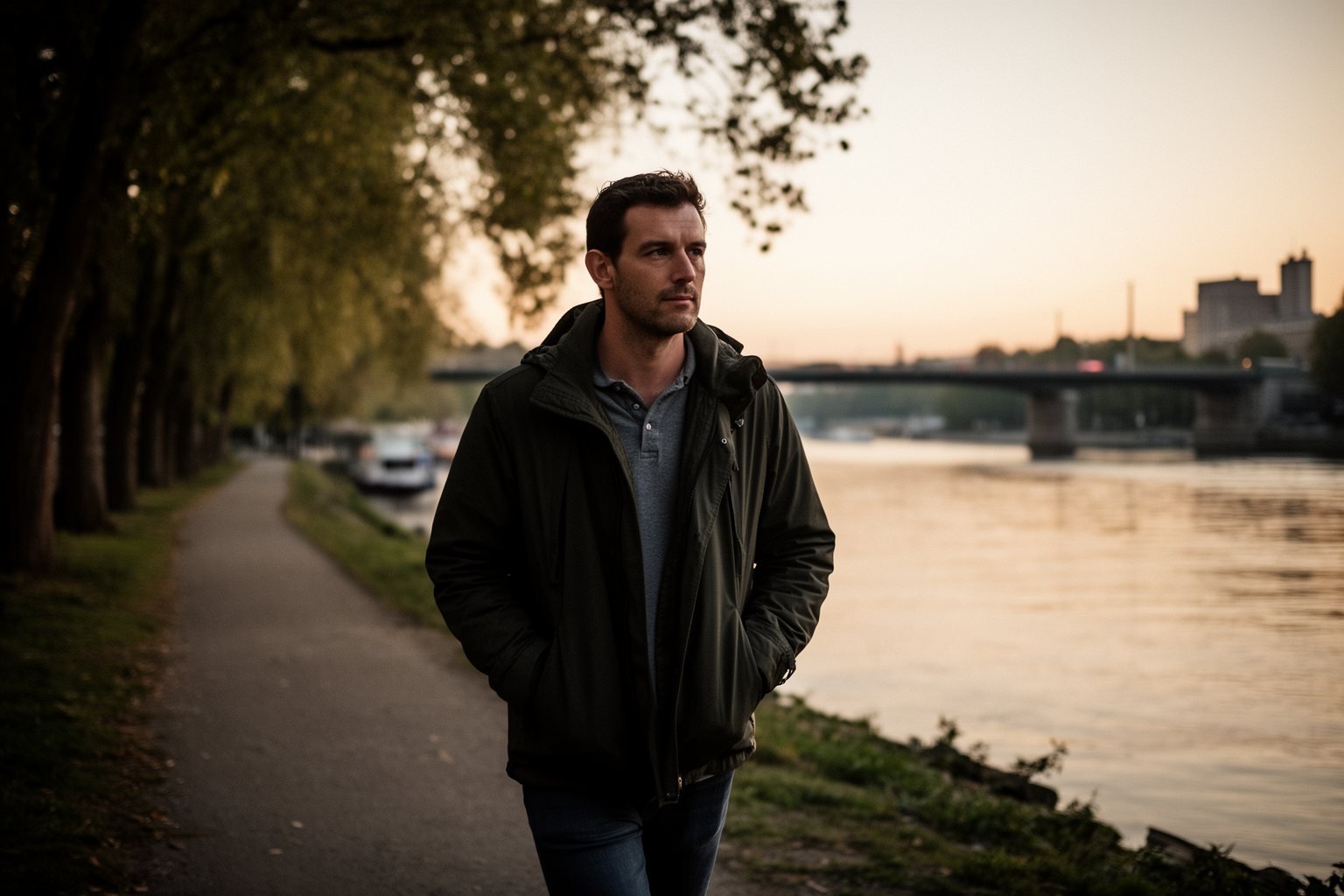 Revealed: The Side Hustle Secrets That Your 9-5 Doesn’t Want You to Know Man taking a quiet walk by a river at dusk to recharge and avoid side hustle burnout