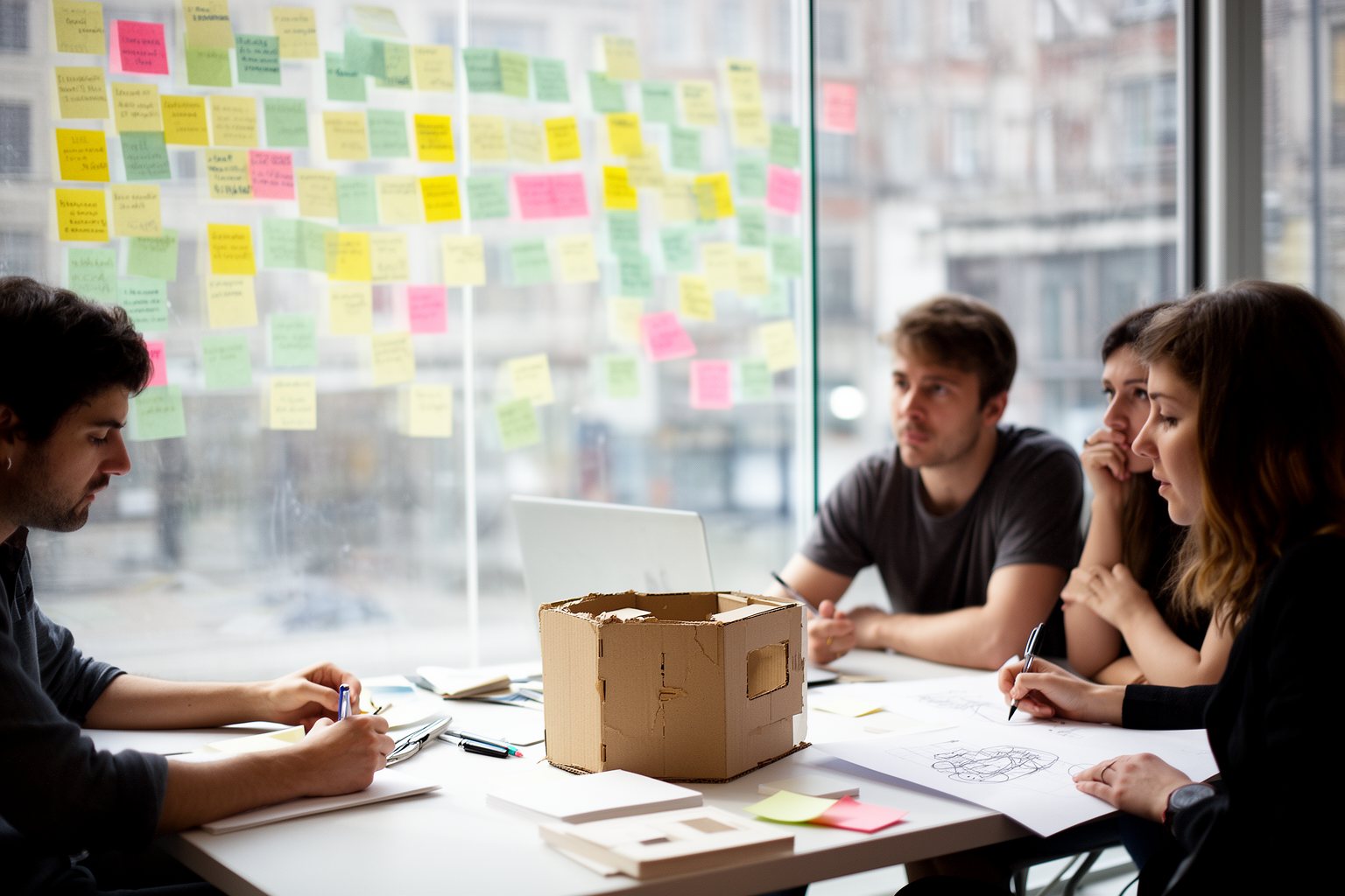 Product team brainstorming with sticky notes and a prototype on the table