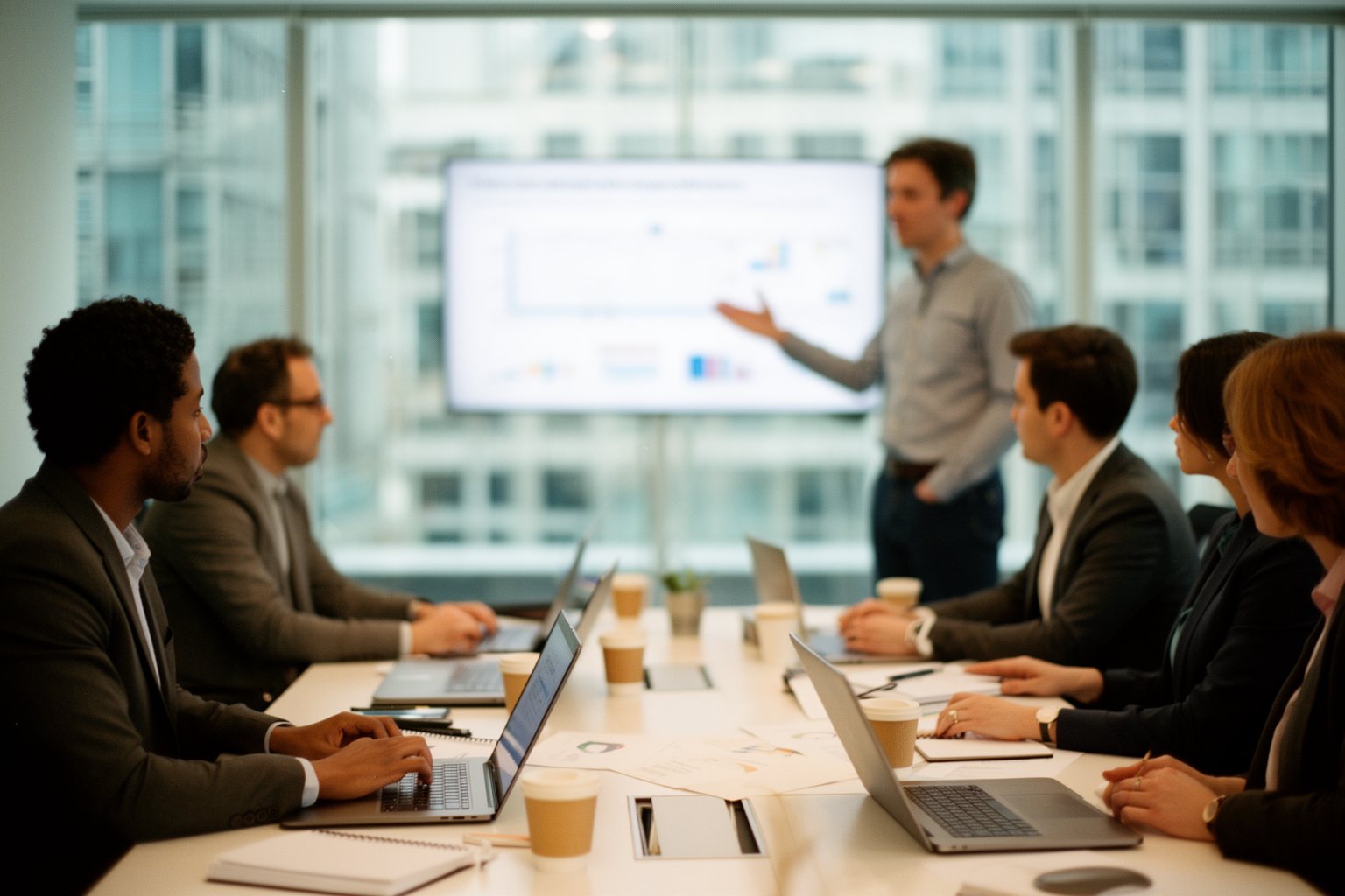 Business team planning the year ahead around a conference table
