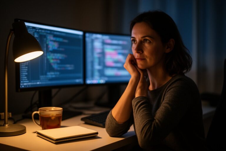 The AI Revolution: How to Future Proof Your Career in Technology Software engineer thinking at a two-monitor desk in the evening while learning machine learning