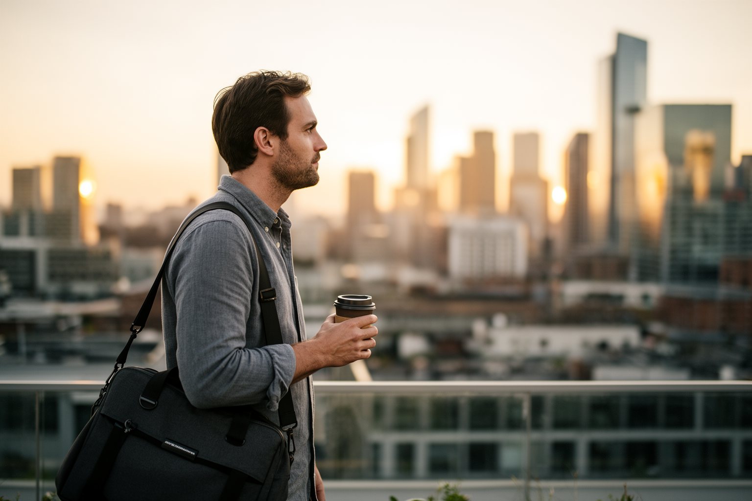The AI Revolution: How to Future Proof Your Career in Technology Tech worker with a laptop bag looking over the city at sunrise, ready for the AI revolution