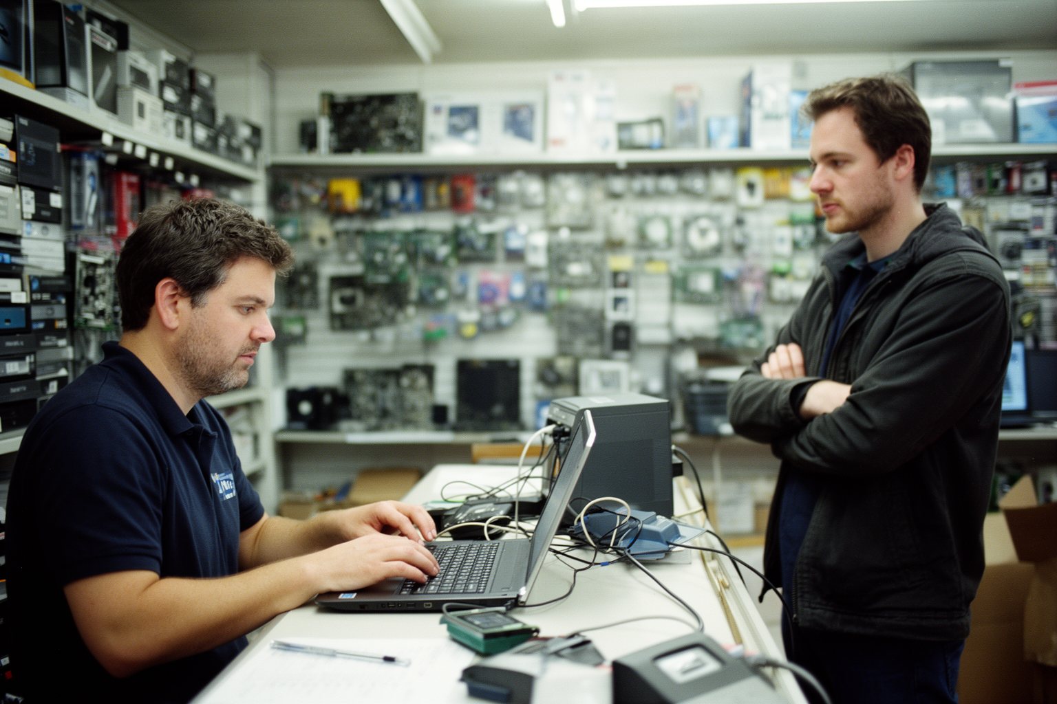 Repair technician cleaning malware off a customer's laptop at a service counter