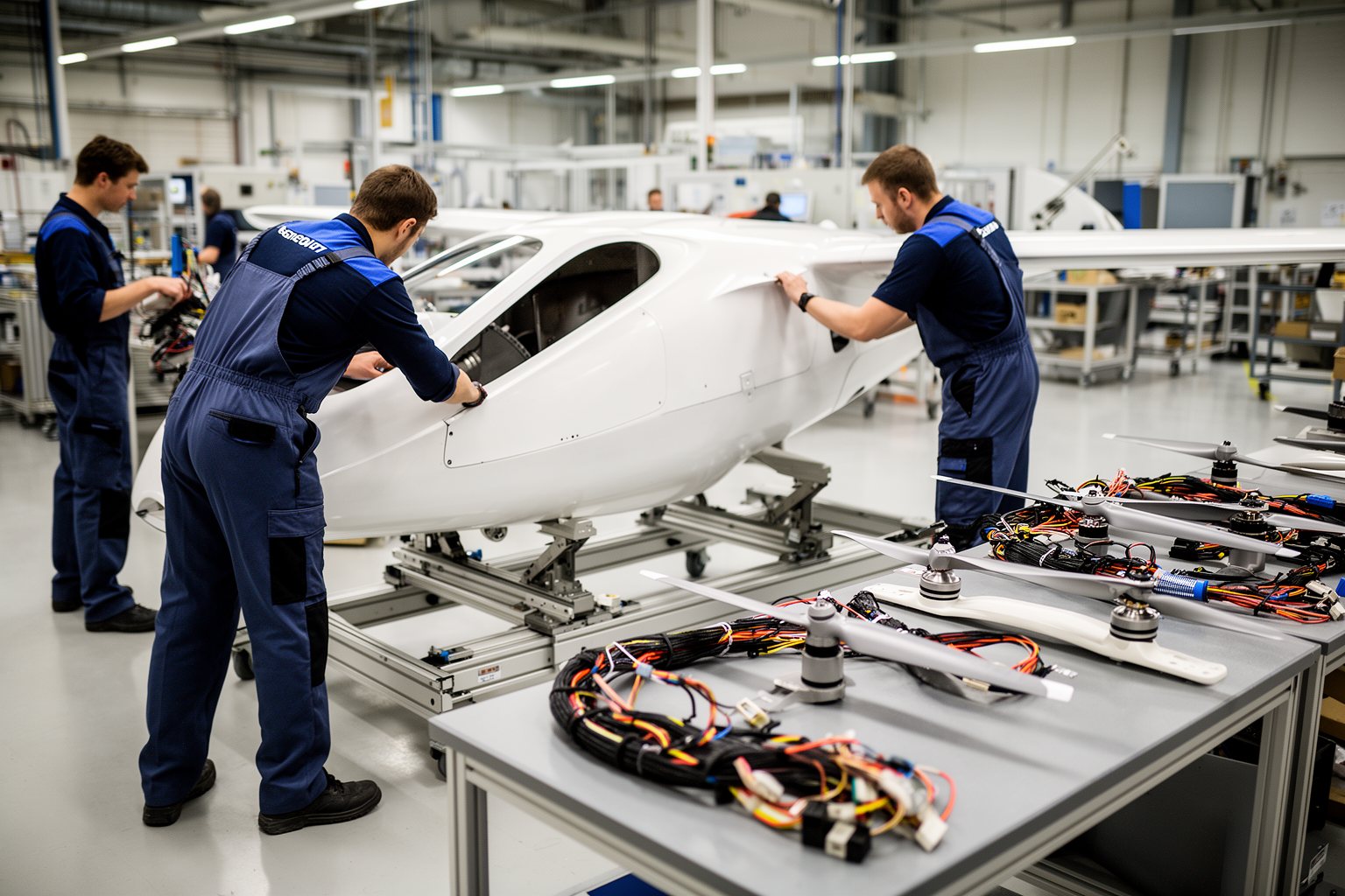 Jetsons Reality: The Dawn of Flying Cars Technicians assembling a composite airframe for a flying car on a factory floor