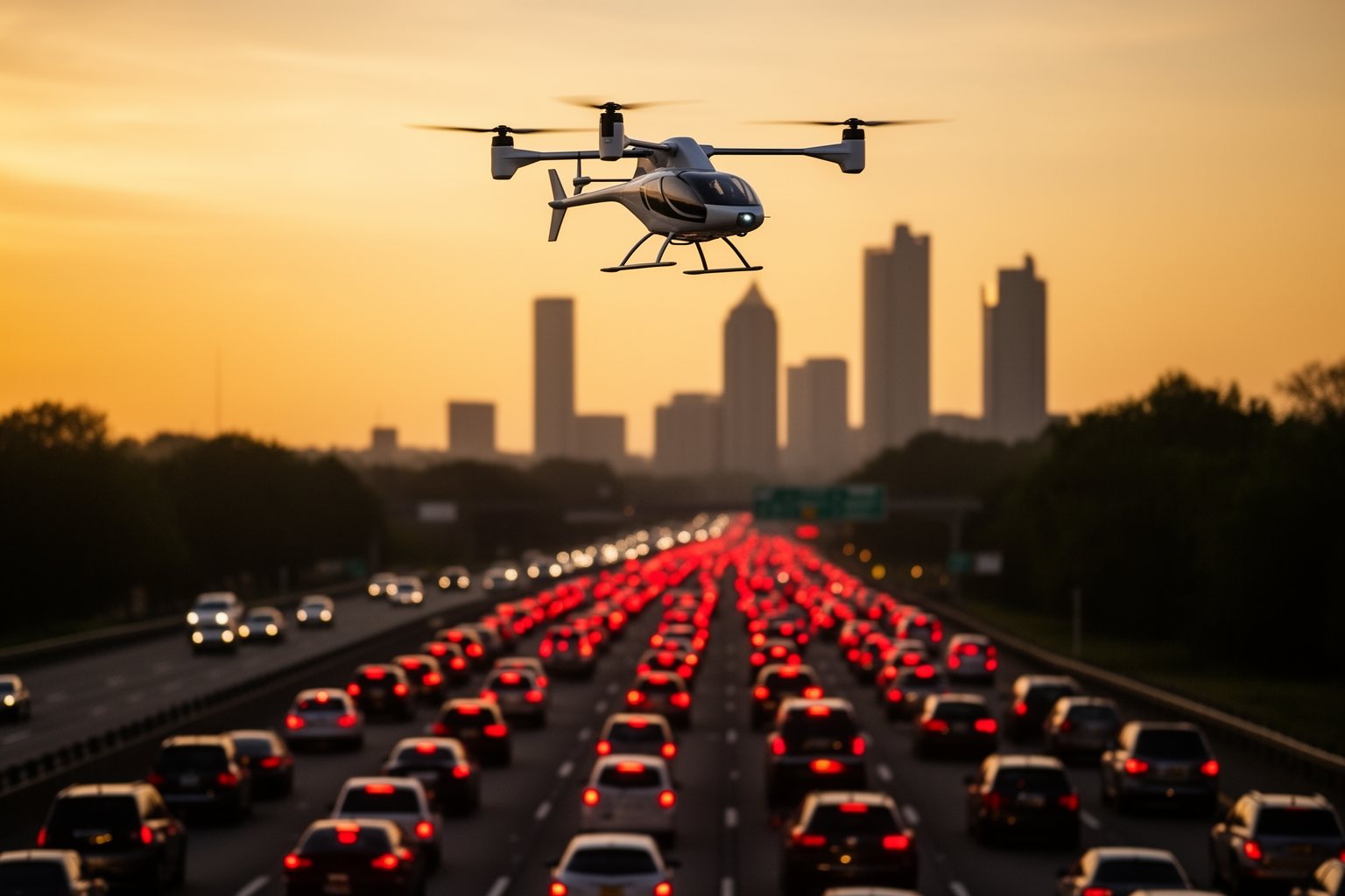 Jetsons Reality: The Dawn of Flying Cars Electric air taxi flying above a highway jammed with evening traffic