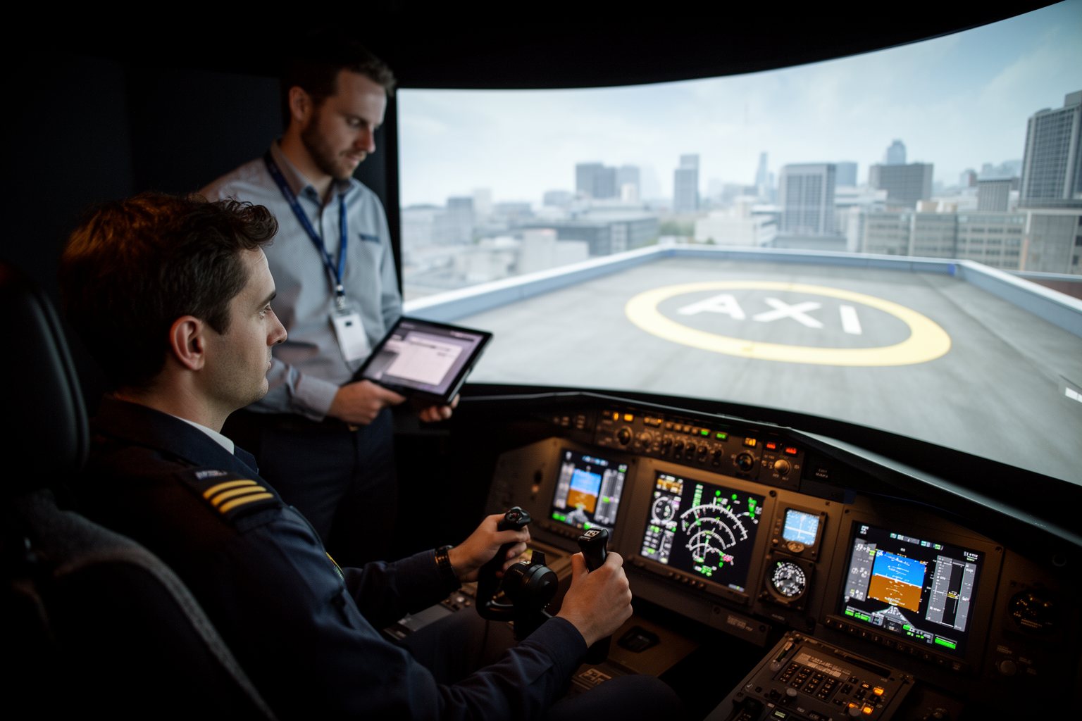 Jetsons Reality: The Dawn of Flying Cars Trainee pilot practising air taxi flights in a simulator with an instructor