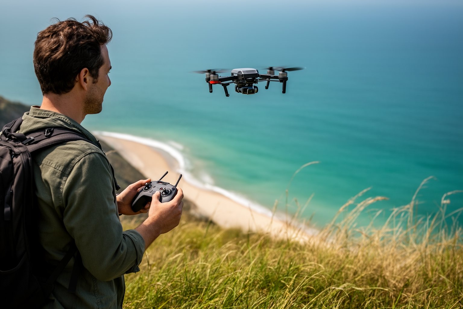 Unveiling The Top 10 Travel Gadgets You Never Knew You Needed Traveler launching a compact travel drone from a coastal cliff above turquoise water