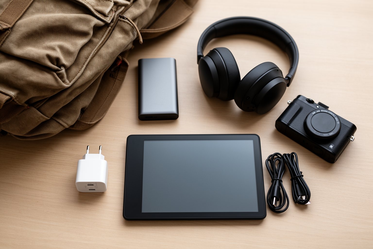 Unveiling The Top 10 Travel Gadgets You Never Knew You Needed Top travel gadgets laid out on a table: headphones, power bank, adapter, e-reader and camera