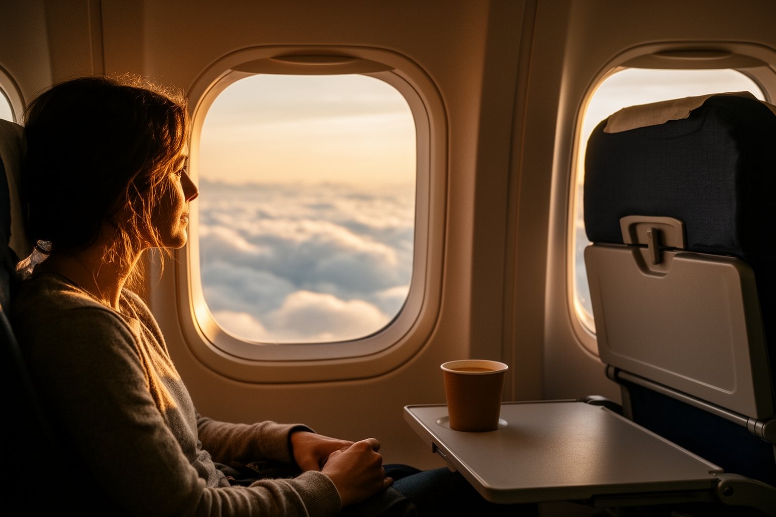 Unveiling the Top 10 Travel Hacks That Will Change The Way You Explore! Traveler at an airplane window seat looking out over clouds at the start of a new trip