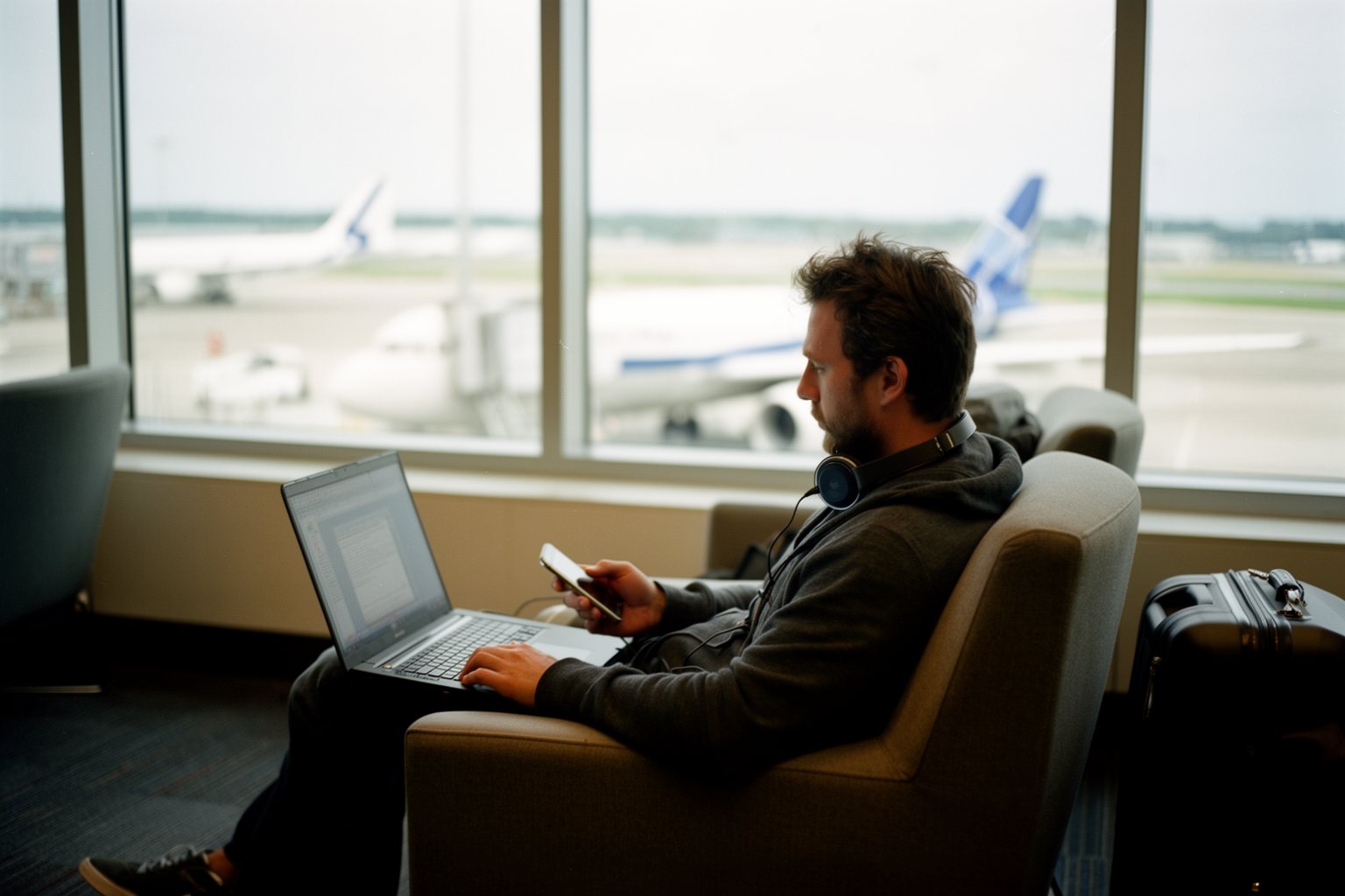 Unveiling The Top 10 Travel Gadgets You Never Knew You Needed Traveler in an airport lounge with a laptop, phone and headphones while waiting for a flight