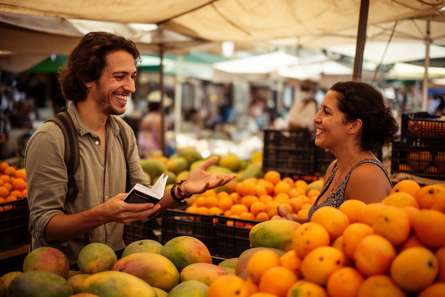 Unveiling the Top 10 Travel Hacks That Will Change The Way You Explore! Traveler using simple local phrases and gestures to chat with a fruit vendor at a market