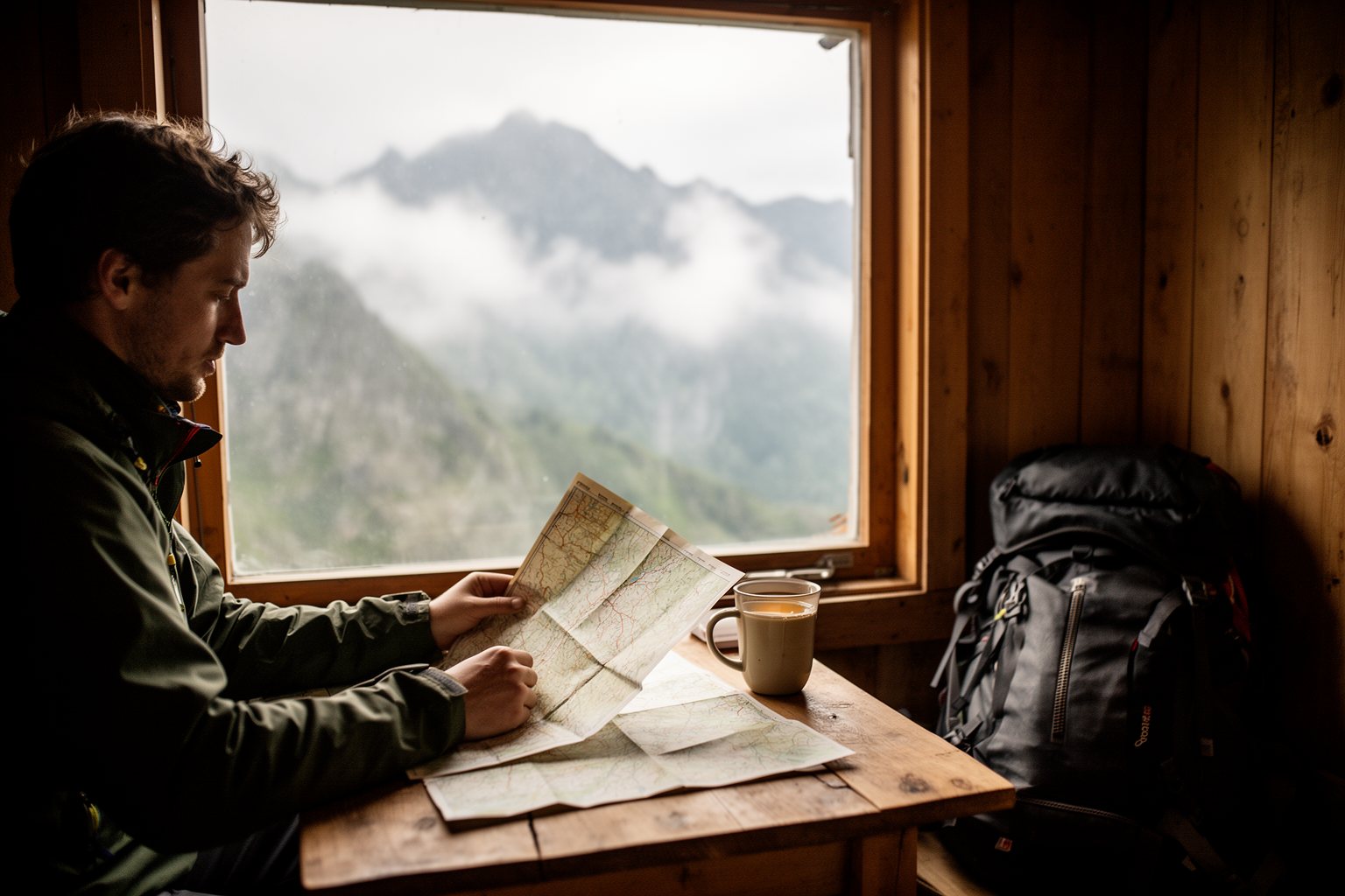 10 Secret Destinations Only Travel Pros Know Traveler studying a paper map at a mountain hut window, planning the next hidden destination
