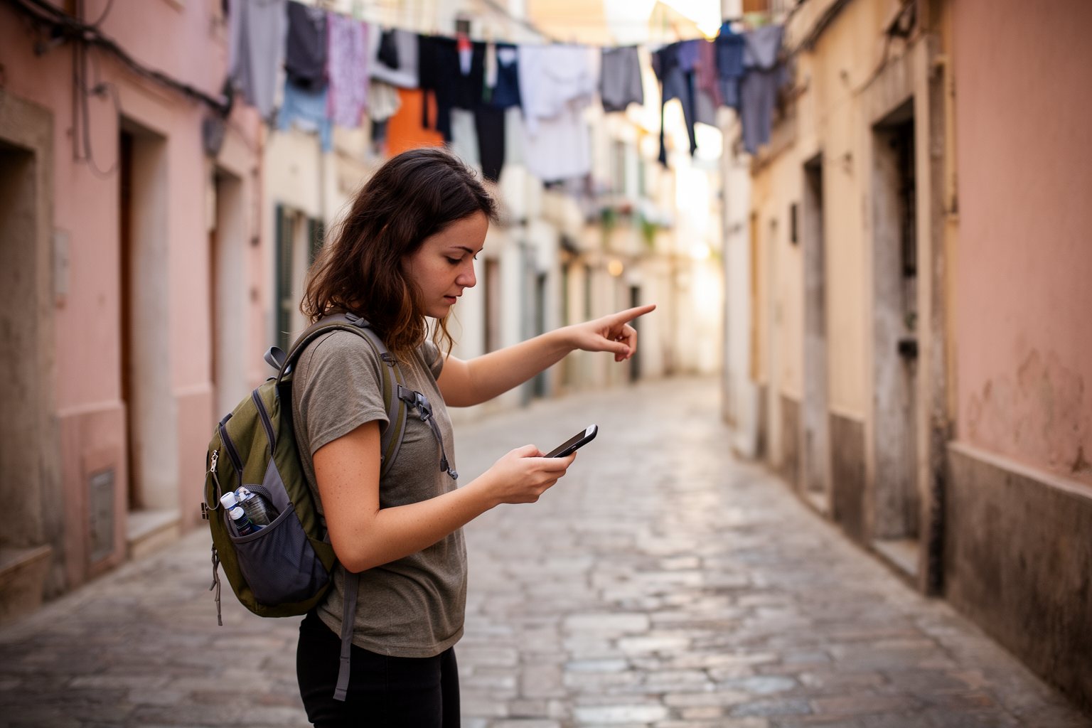 Unveiling the Top 10 Travel Hacks That Will Change The Way You Explore! Traveler navigating narrow old town streets with a map app on a smartphone