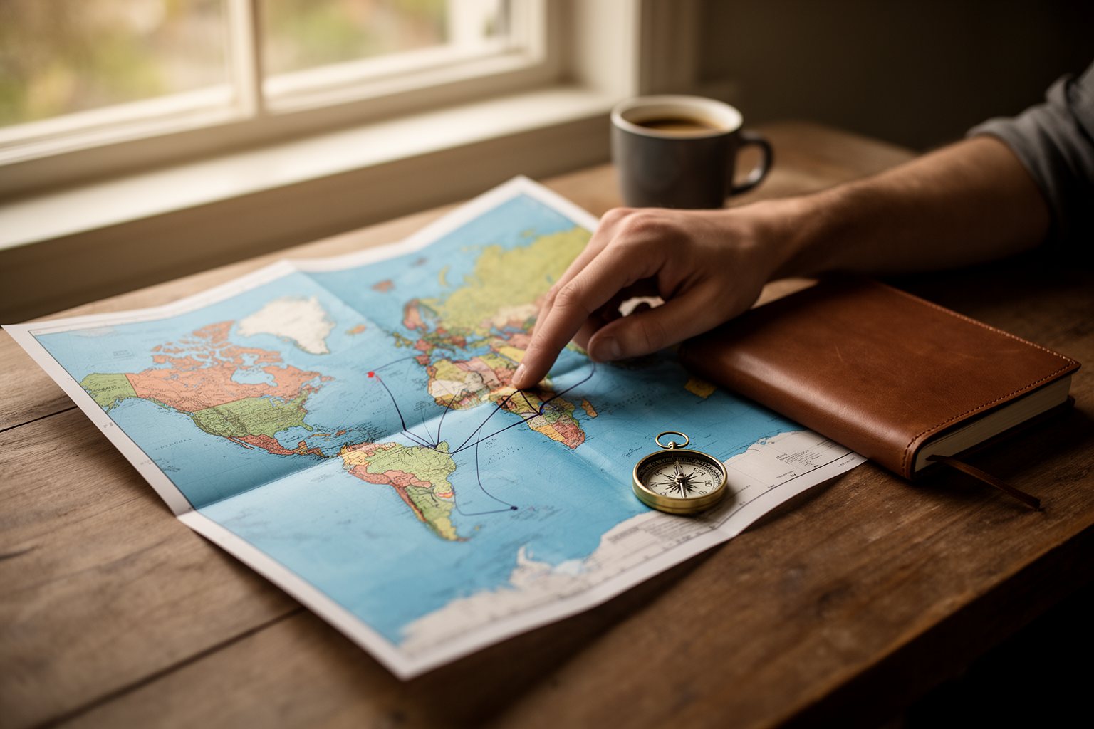 Unveiling the Top 10 Must-Visit Destinations: Your Ultimate Travel List Traveler planning the next trip with a paper map and travel journal on a wooden table
