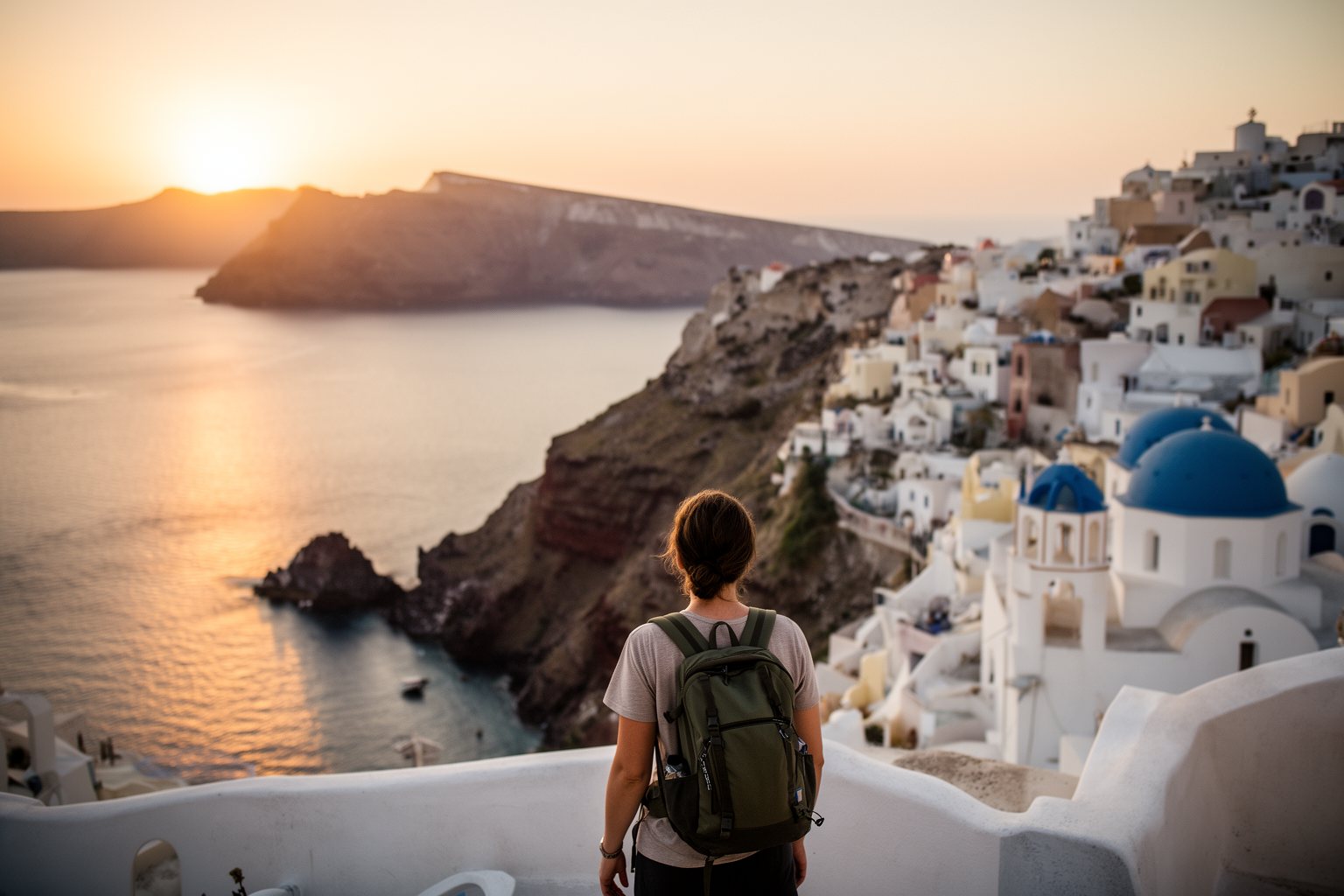 Unveiling the Top 10 Must-Visit Destinations: Your Ultimate Travel List Traveler overlooking whitewashed houses and the Santorini caldera at sunset, a top must-visit destination