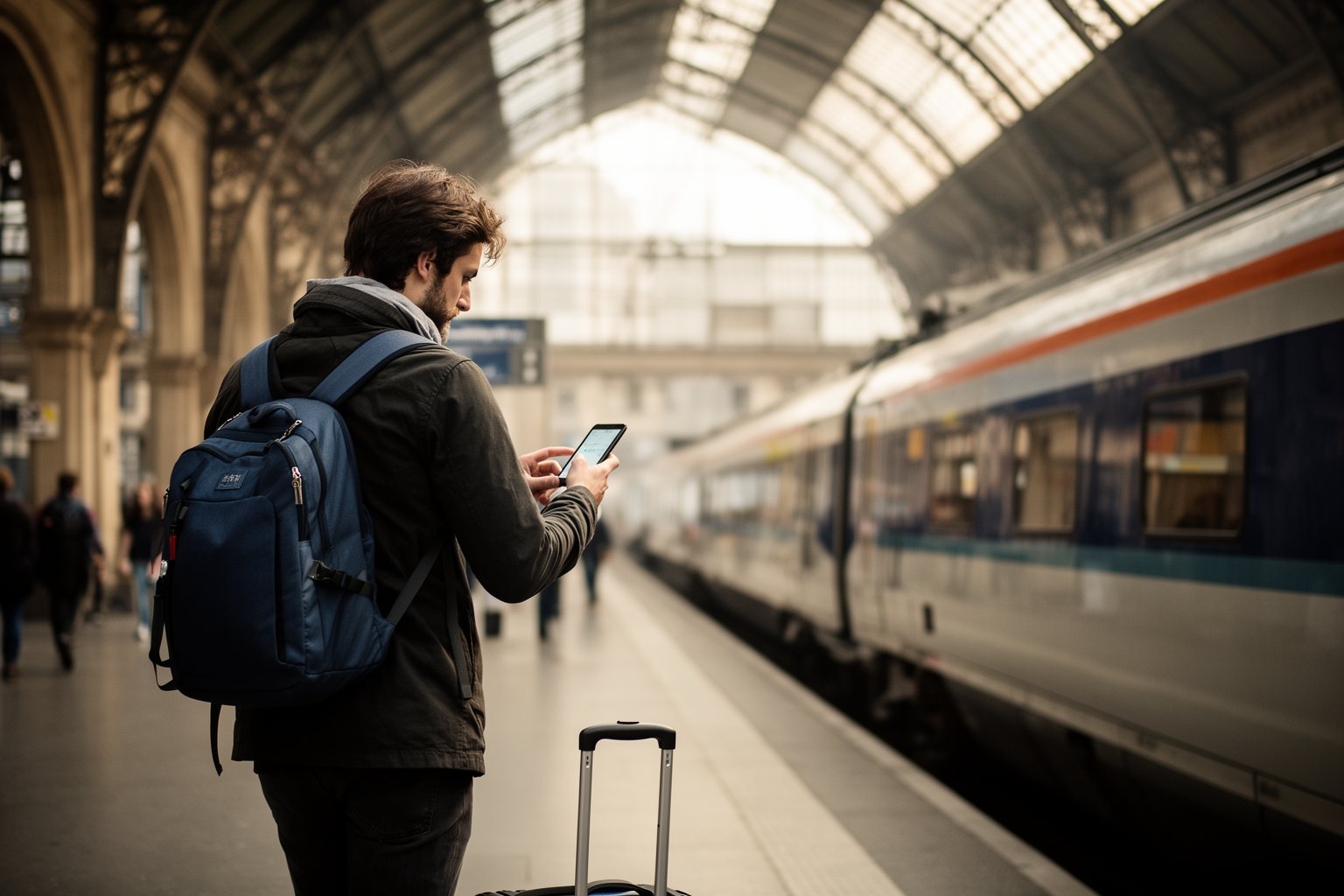 Unveiling the Top 10 Travel Hacks That Will Change The Way You Explore! Traveler with only a small carry-on backpack checking a phone on a European train platform