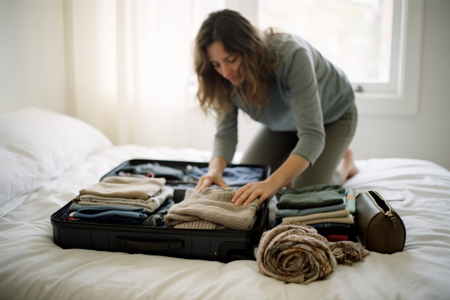 Unveiling the Top 10 Travel Hacks That Will Change The Way You Explore! Traveler preparing for a trip, packing folded clothes into an open suitcase on a bed