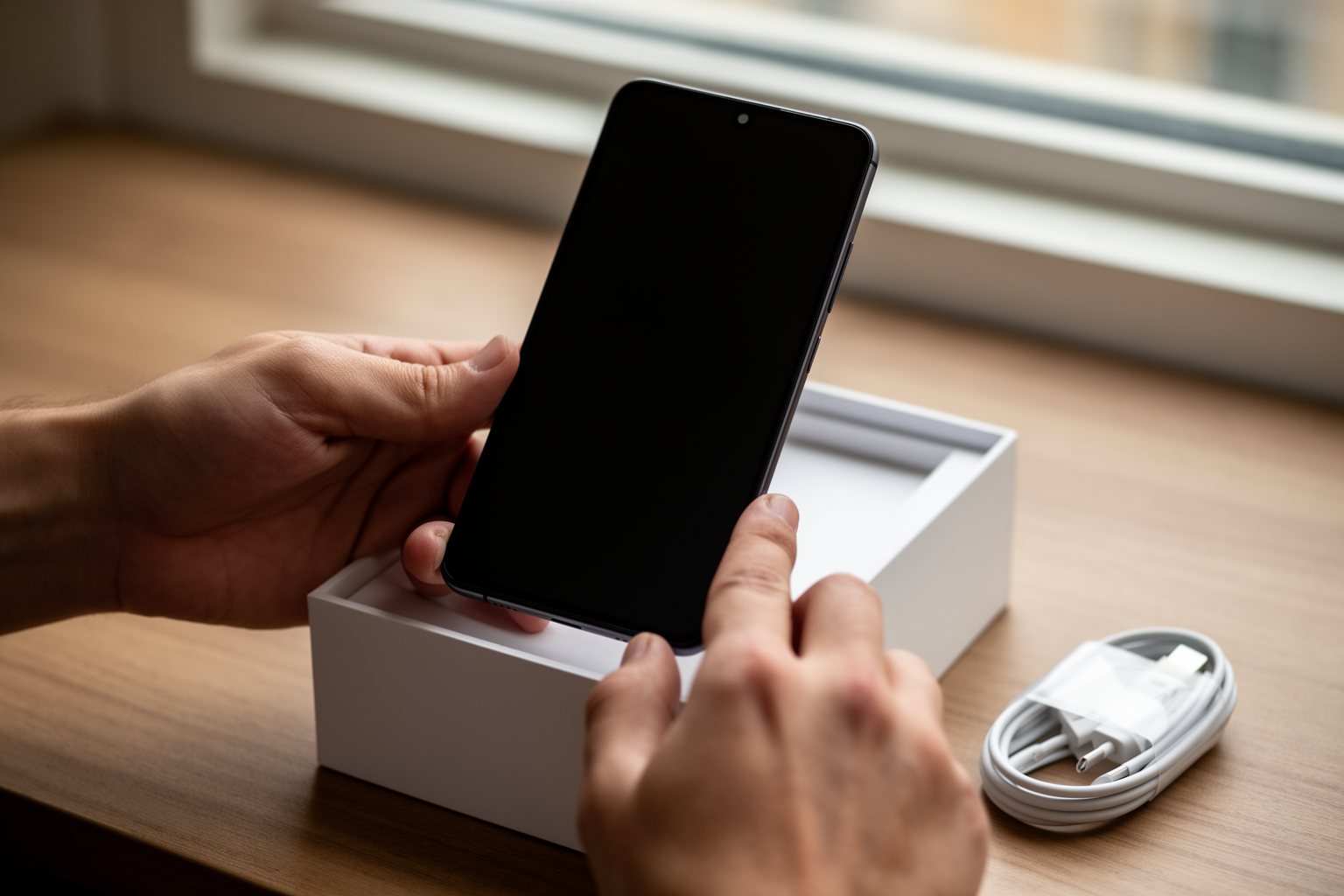 Samsung Galaxy S24 Features: Design, Camera and Battery Hands lifting a new smartphone out of its box on a wooden desk