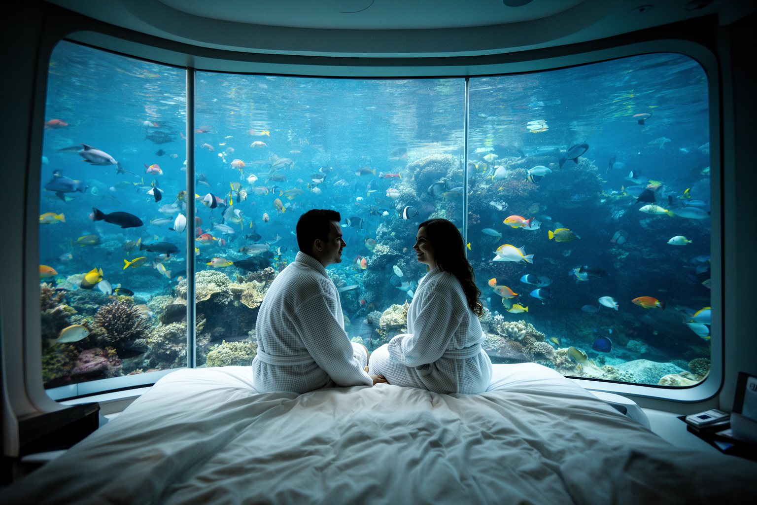 Couple in an underwater hotel room watching fish swim past a floor-to-ceiling glass wall