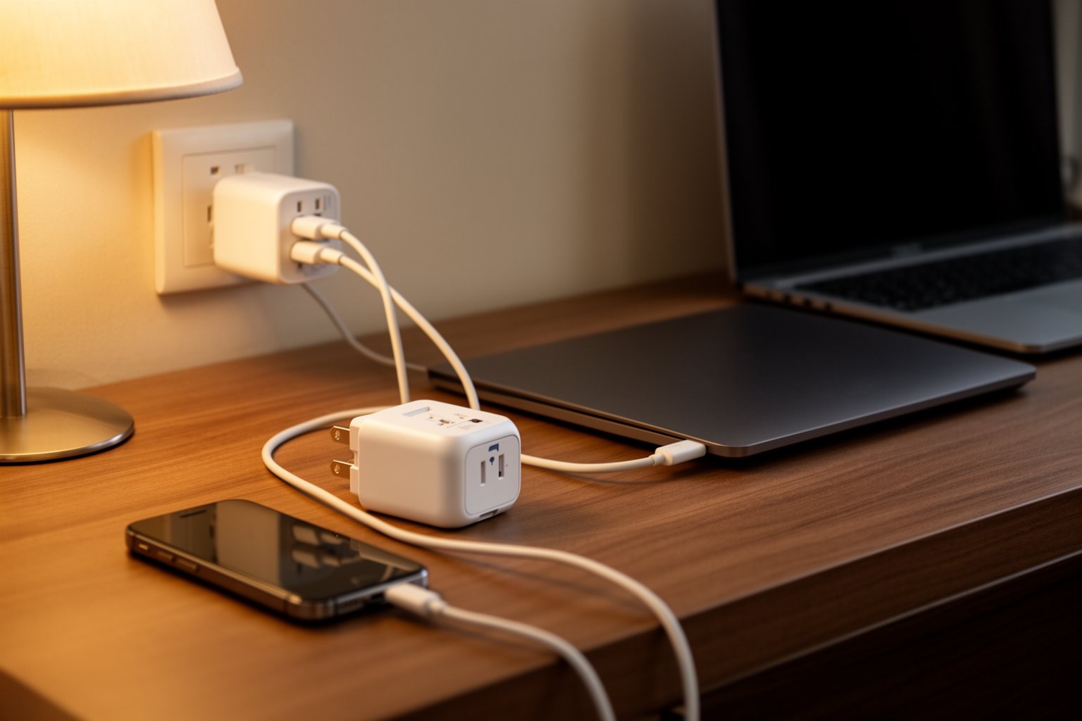 Unveiling The Top 10 Travel Gadgets You Never Knew You Needed Universal travel adapter plugged into a hotel wall socket charging a phone and laptop