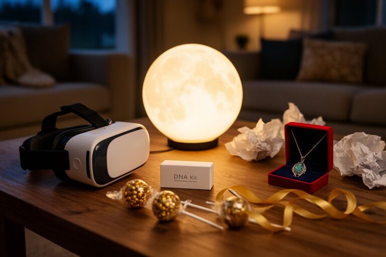 Unique Gift Ideas: 10 Unusual Gifts That Really Exist Unique gift ideas on a table: a glowing moon lamp, a VR headset, a DNA kit box and gold-flecked lollipops