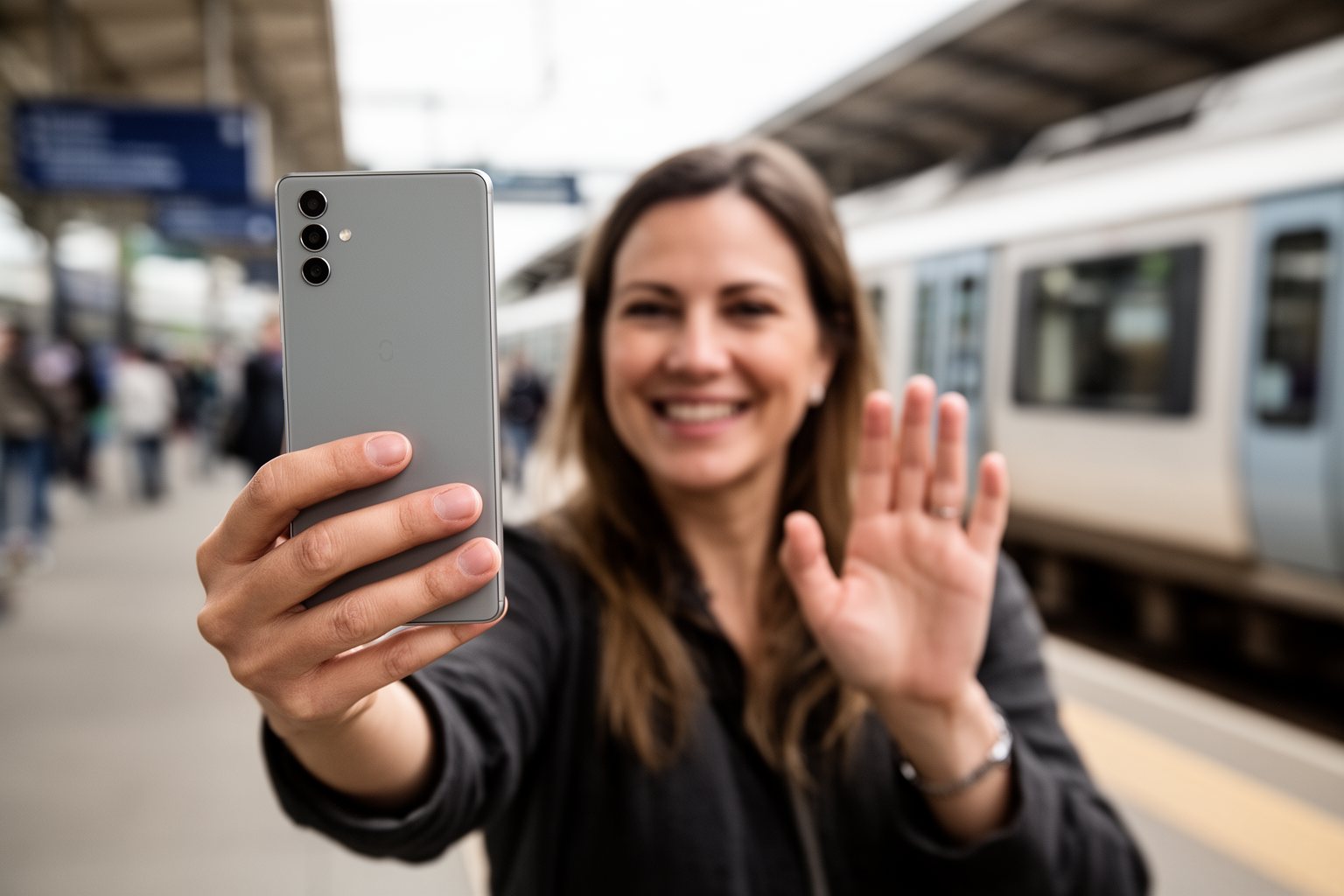 Samsung Galaxy S24 Features: Design, Camera and Battery Commuter on a video call on her smartphone while waiting on a busy train platform