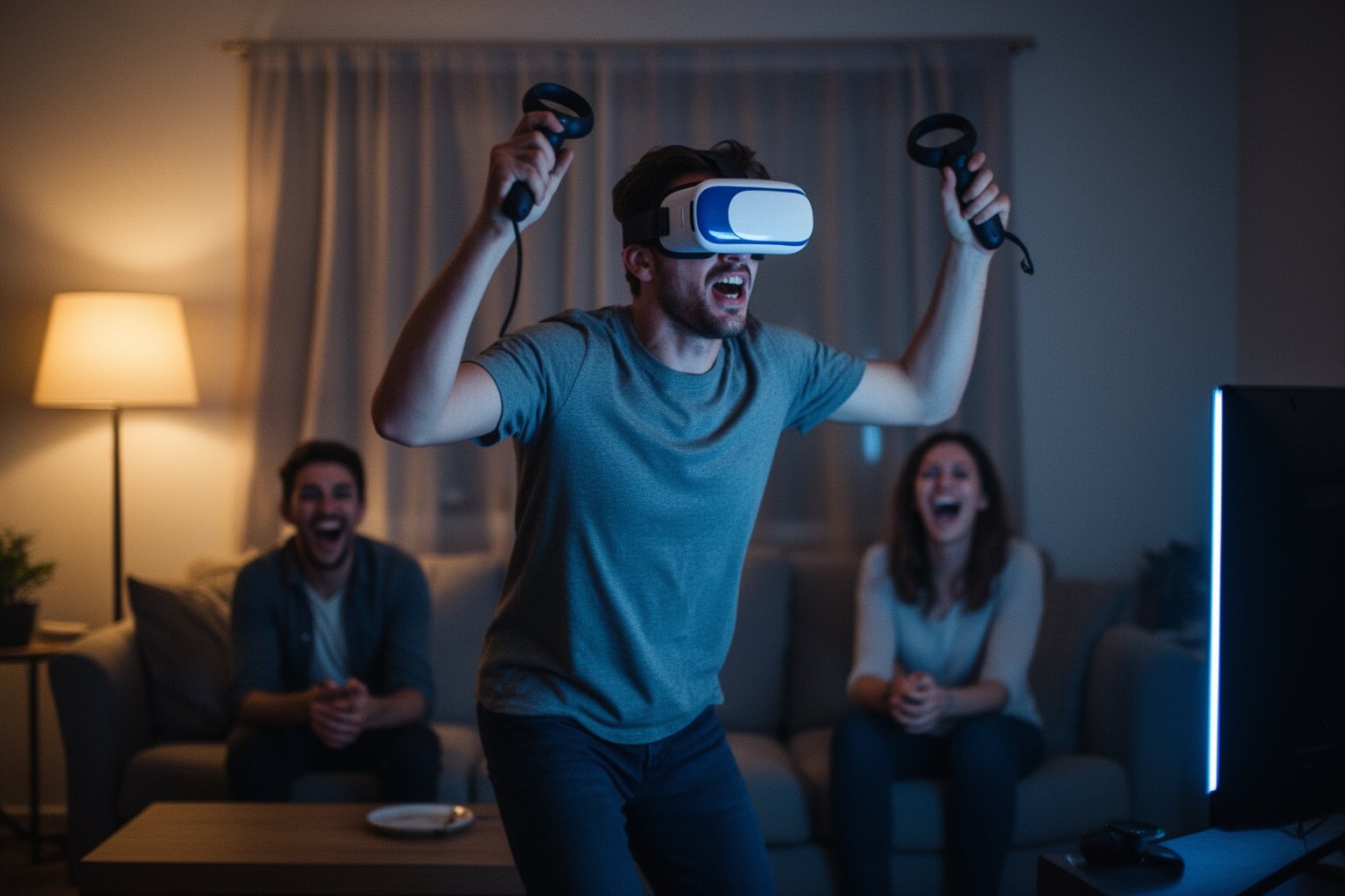 Tech Pranks that Went Viral Man in a VR headset jumping back in fright while friends laugh in a living room