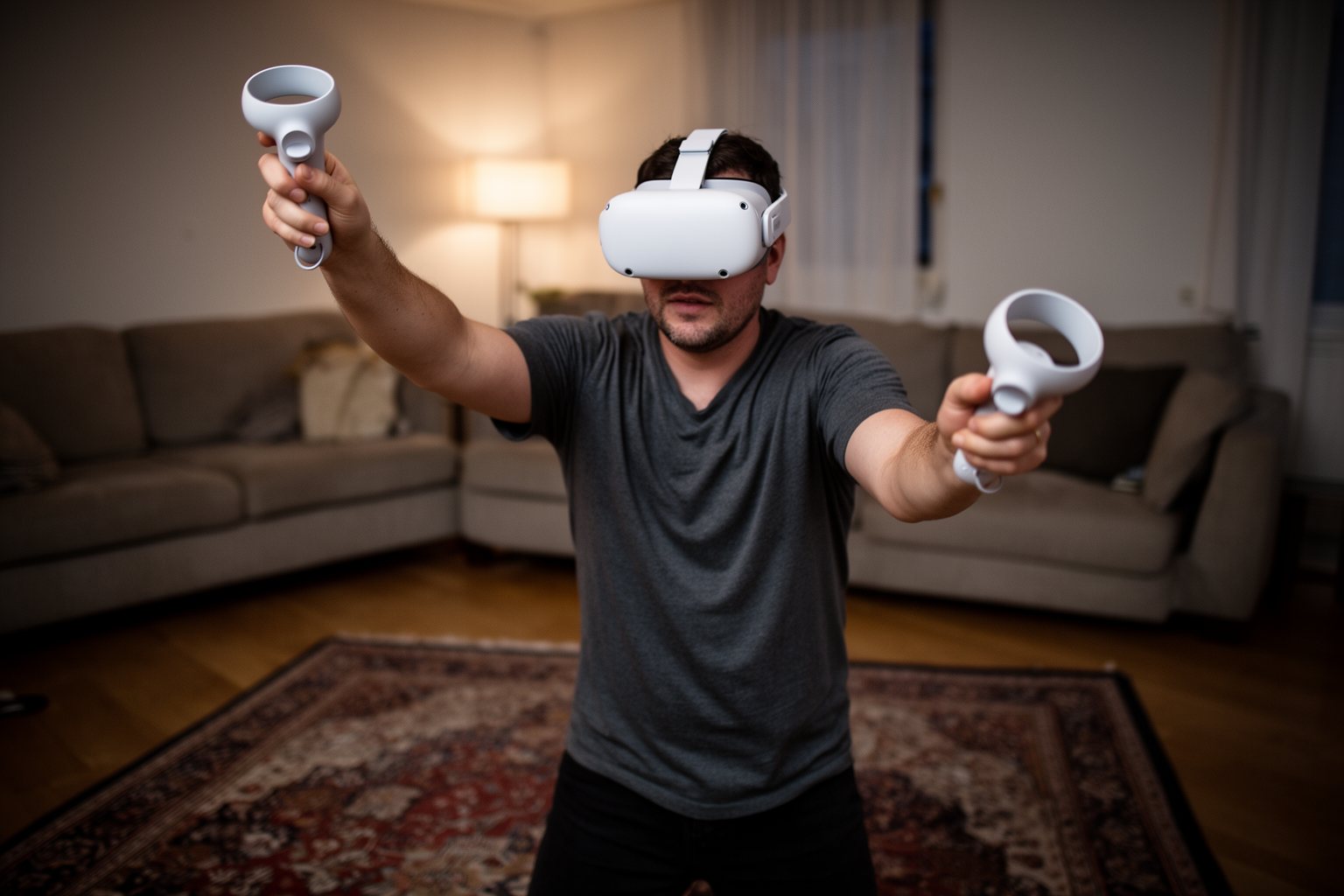 Revealed! Top 10 Gaming Gadgets You Can't Live Without! Player wearing a VR headset and holding motion controllers in a cleared living room space