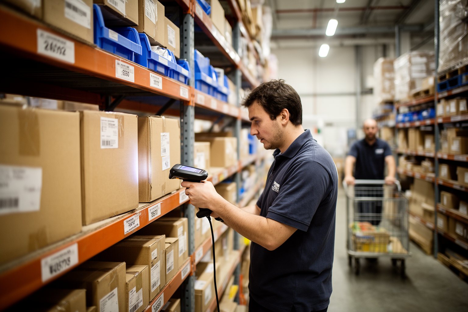 Warehouse worker scanning stock between neatly organised shelves