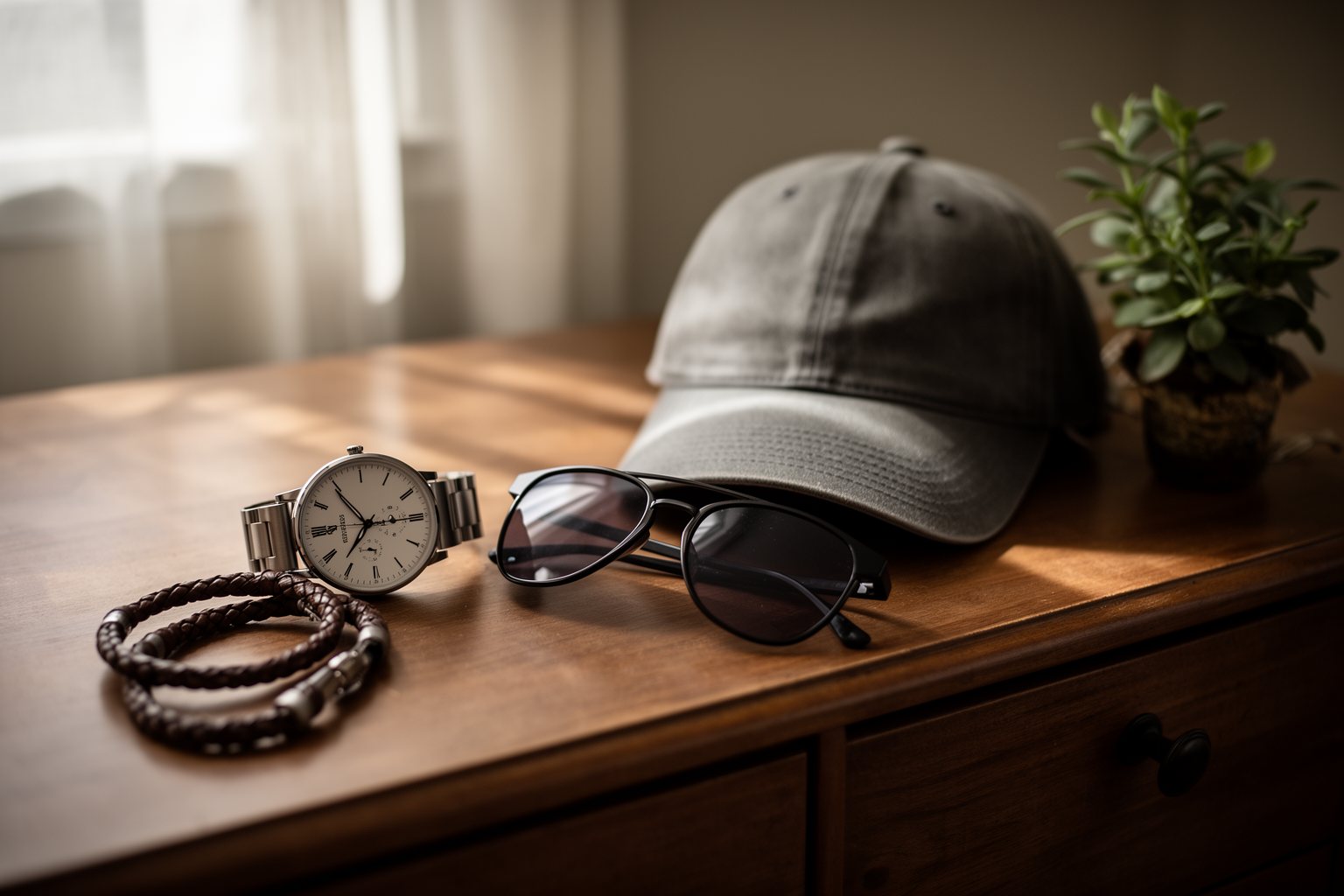 10 Must-Have Fashion Items for Teen Boys Watch, cap, sunglasses and bracelets laid out on a wooden dresser