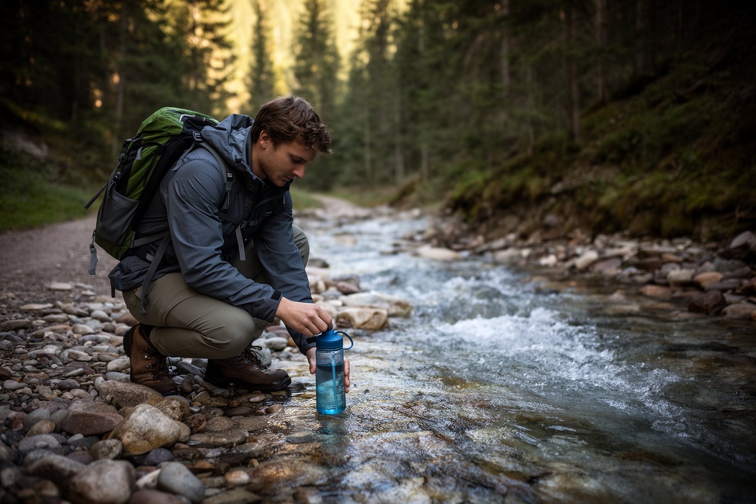 Unveiling The Top 10 Travel Gadgets You Never Knew You Needed Hiker filling a water purifier bottle from a clear mountain stream