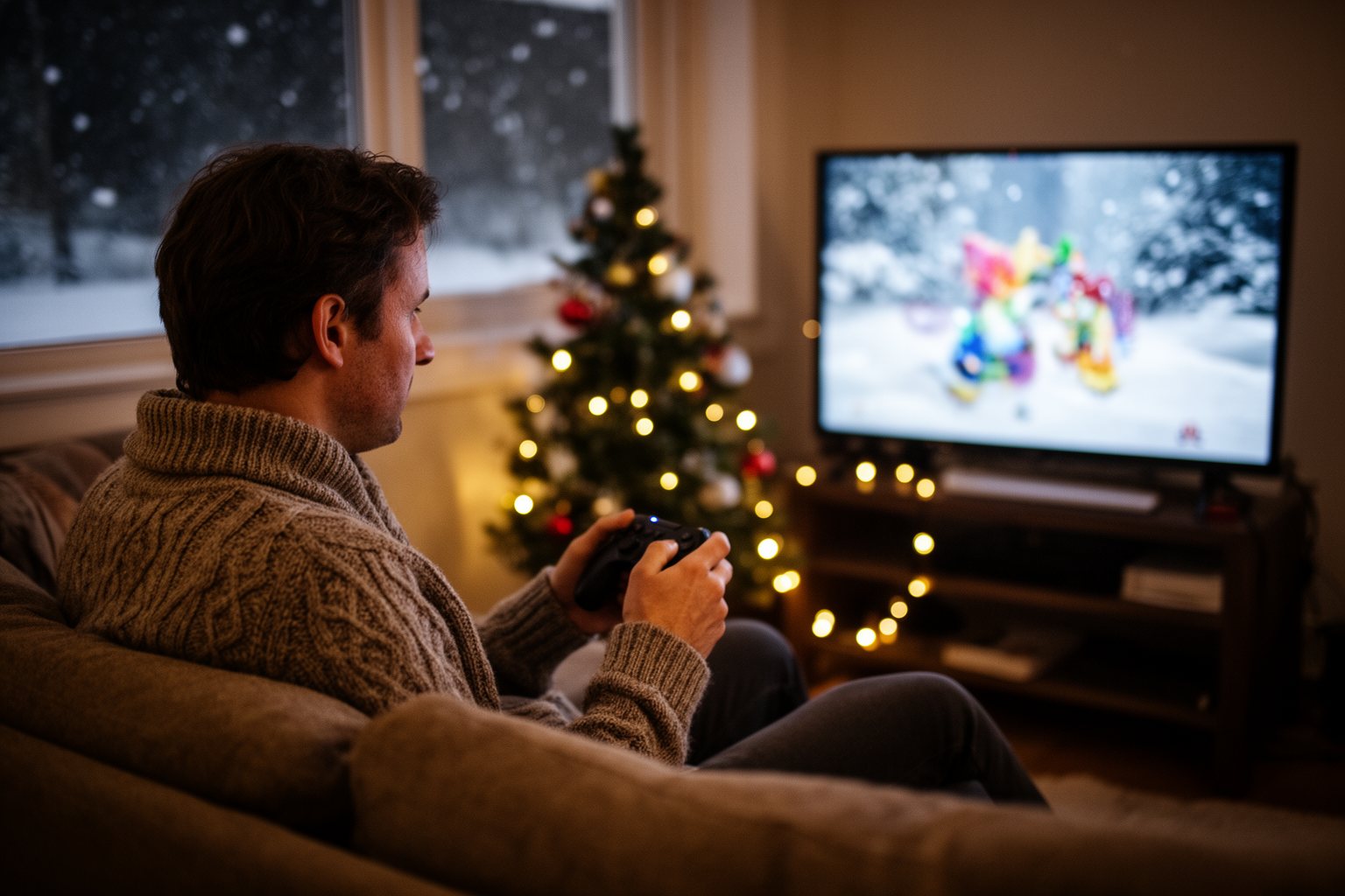 Fortnite Secrets: 10 Little-Known Tips and Hidden Features Player enjoying a winter seasonal game event on a cosy evening with festive lights
