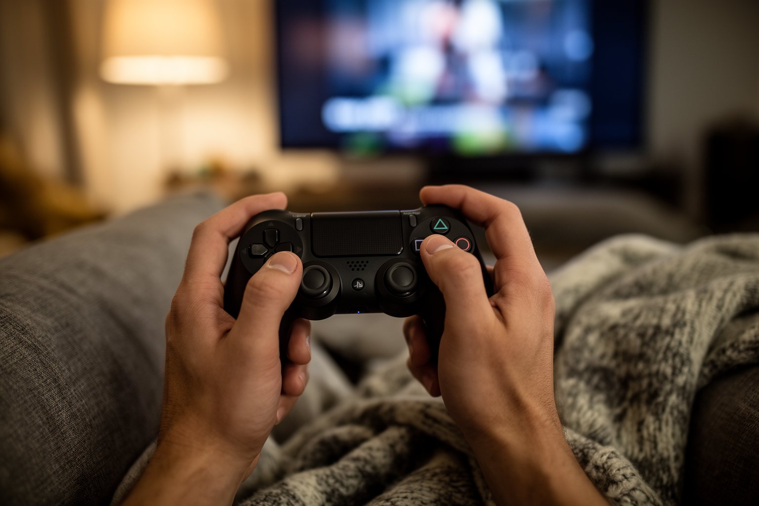 Revealed! Top 10 Gaming Gadgets You Can't Live Without! Hands holding a wireless game controller while relaxing on a sofa