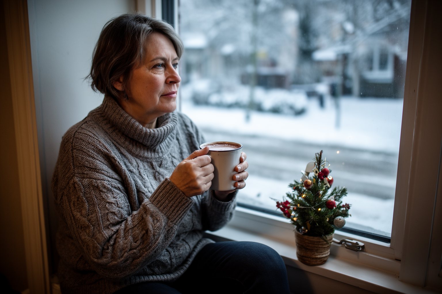 The Ultimate Guide to Spending Holidays Alone Woman with hot cocoa by a frosty window on a quiet holiday morning alone