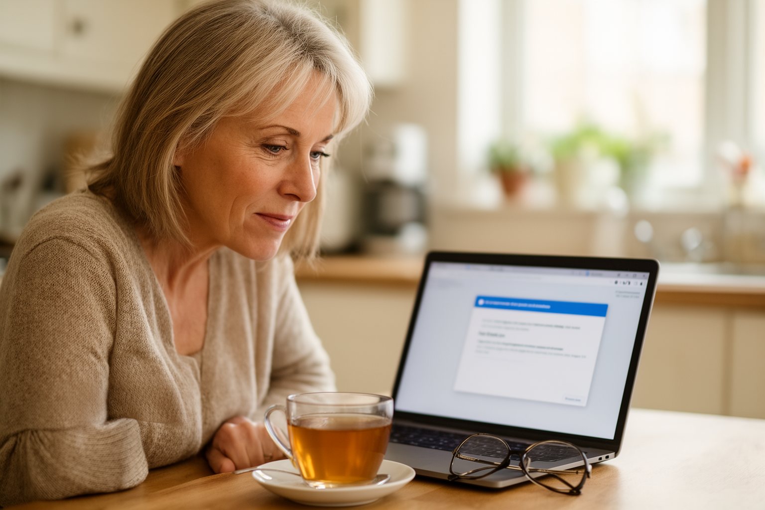 Woman watching a full antivirus scan complete on her laptop at the kitchen table