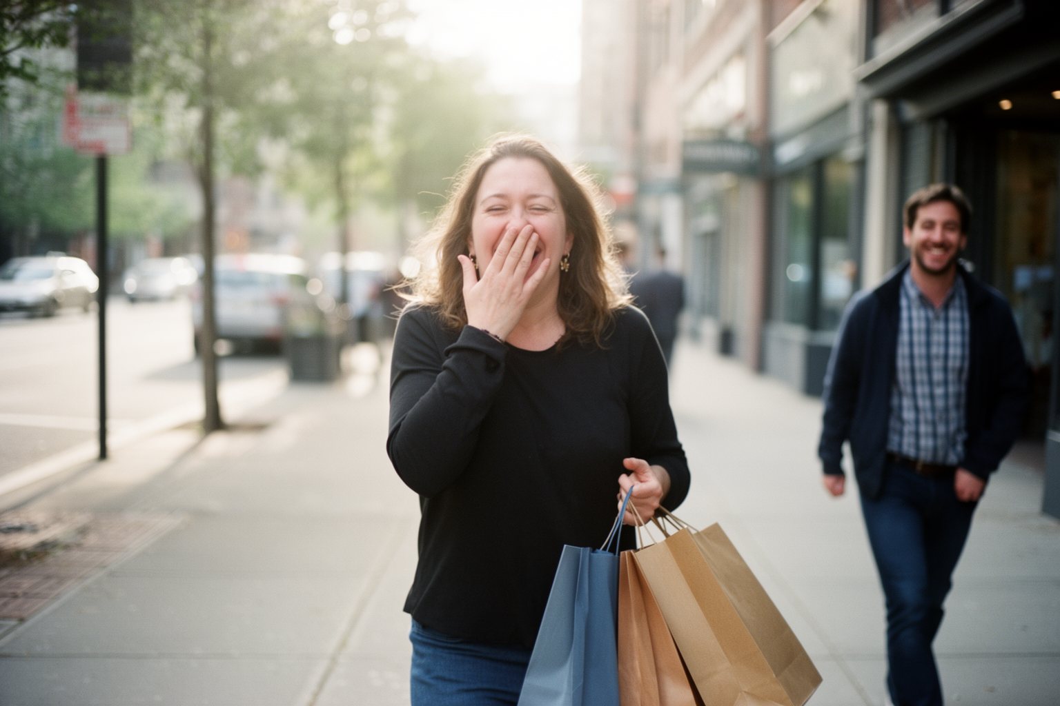 10 Hilarious Things That Happen to Everyone Woman laughing at herself after a clumsy moment on a city sidewalk