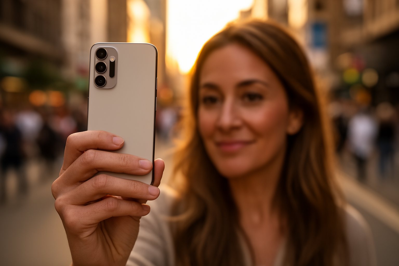Samsung Galaxy S24 Features: Design, Camera and Battery Woman taking a photo of a city street at golden hour with a slim modern smartphone
