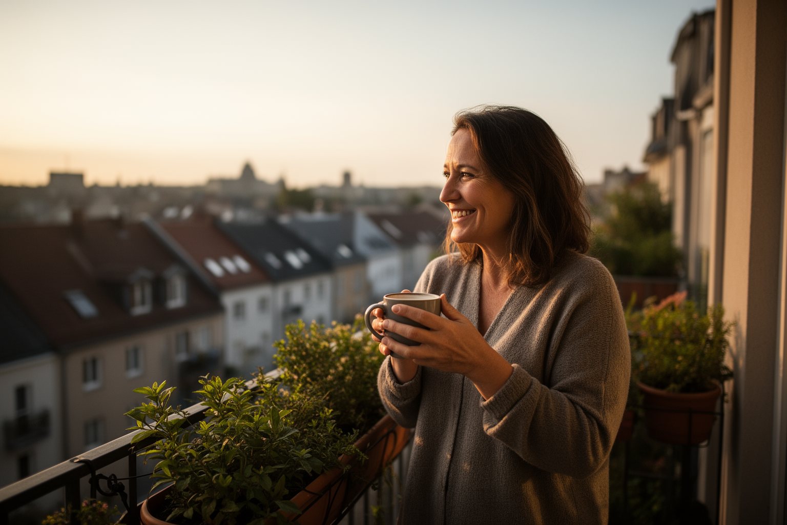 The Upside of Optimism: How to Always Look on the Bright Side Woman smiling on a balcony with morning coffee as the sun rises, the upside of optimism