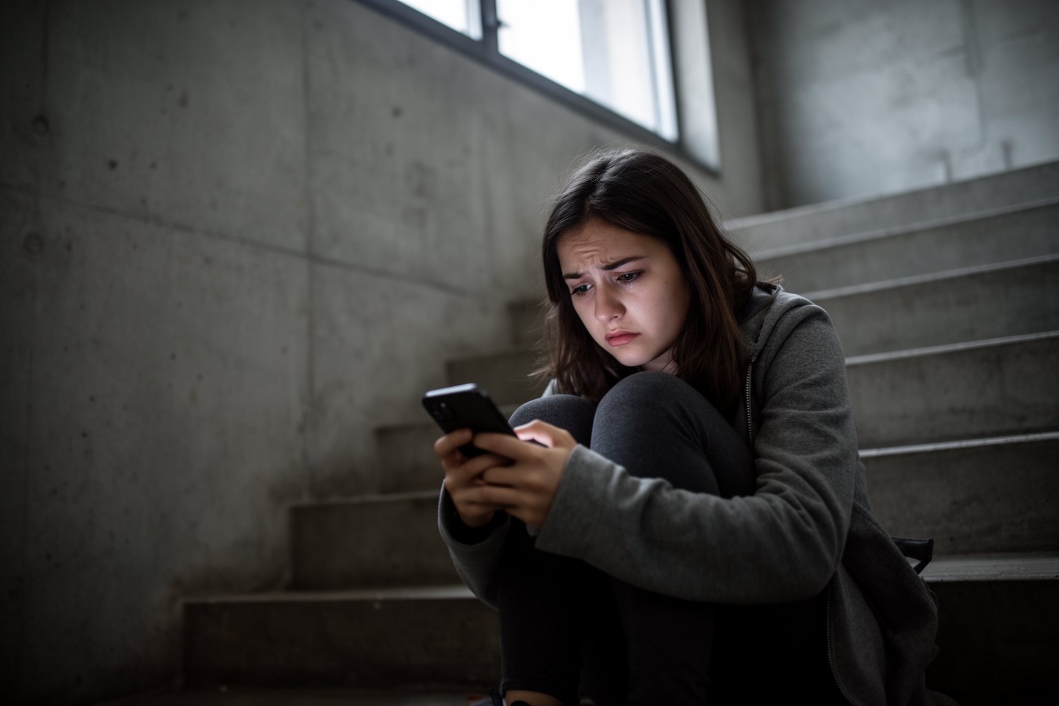 Pros and Cons of Social Media: A Double-Edged Sword Young woman sitting on a stairwell looking hurt while reading messages on her phone