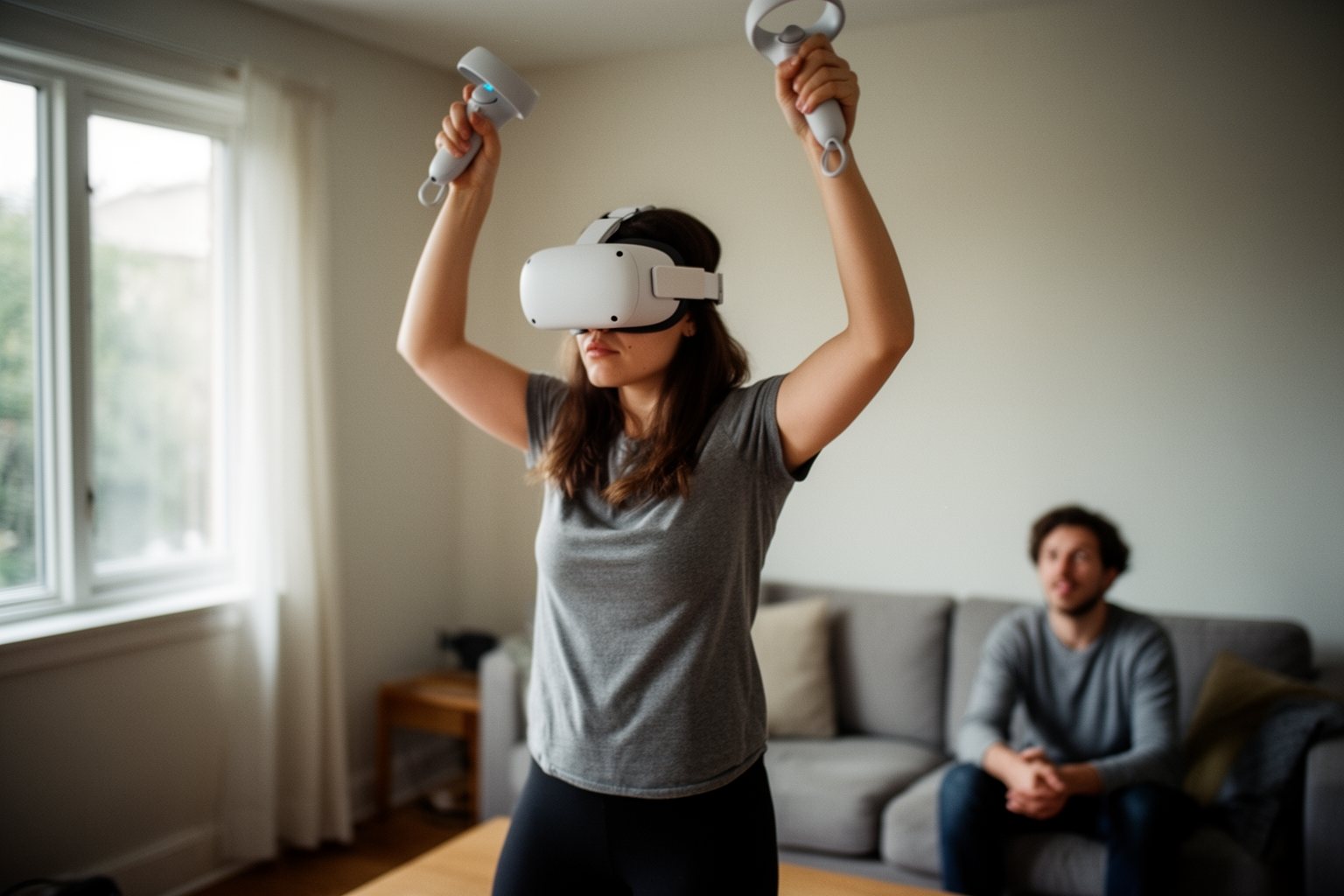 Top 10 Games of 2023: The Best of Every Genre Woman in a VR headset reaching up with motion controllers as if climbing a mountain
