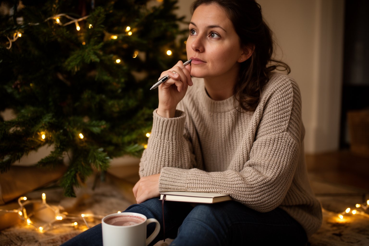 Woman planning a gift list by the Christmas tree with a notebook and cocoa
