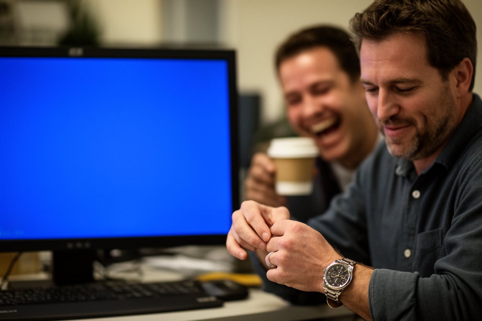 Tech Pranks that Went Viral Office worker drumming his fingers while waiting on a fake software update