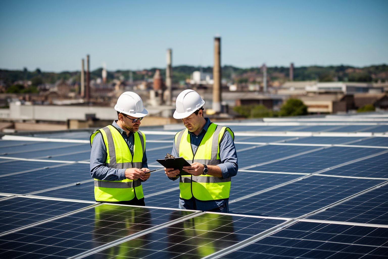 Workers inspecting newly installed solar panels on a factory roof