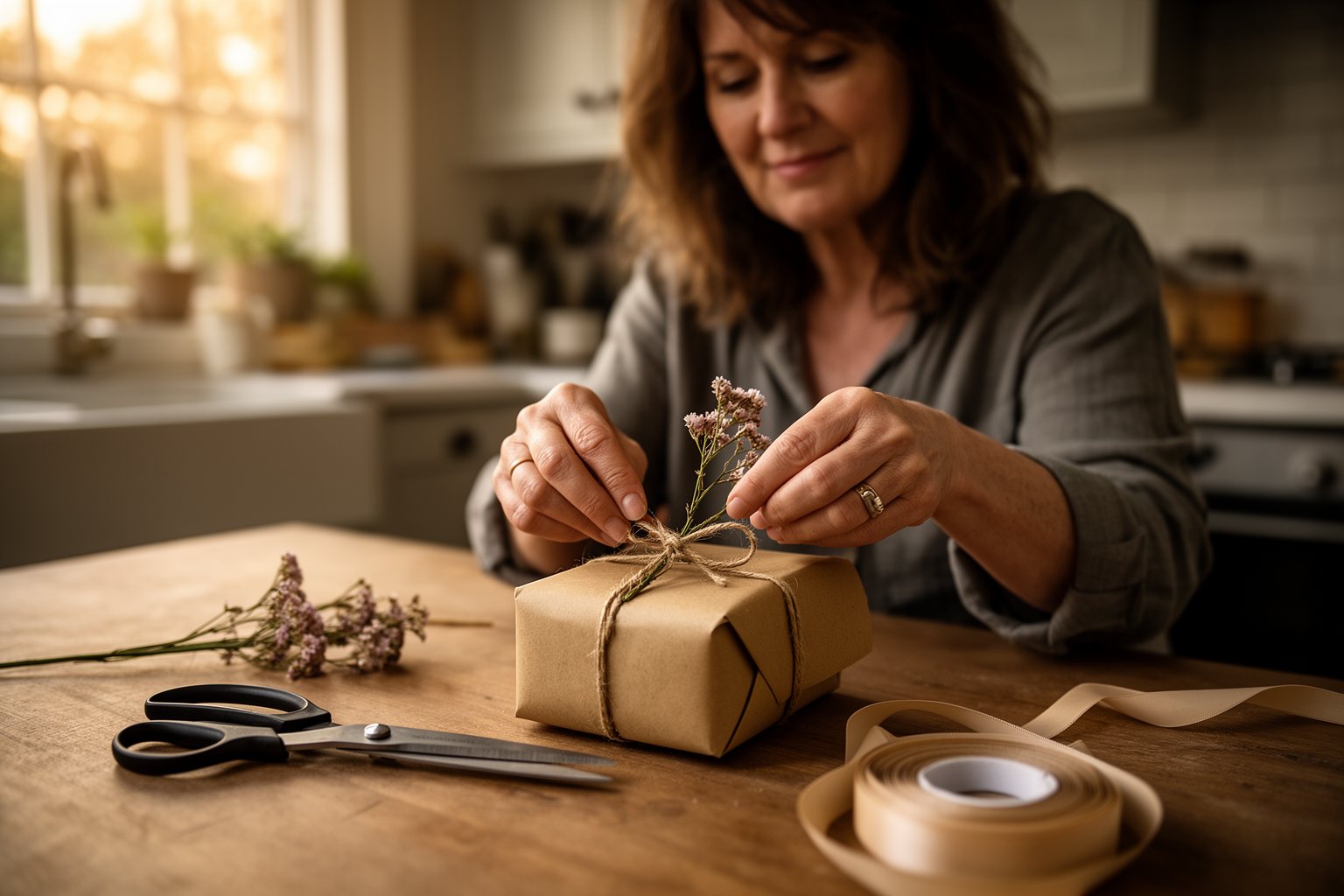 10 DIY Gifts for Teen Girls That Will Impress Woman wrapping a handmade gift in kraft paper and twine at her kitchen table