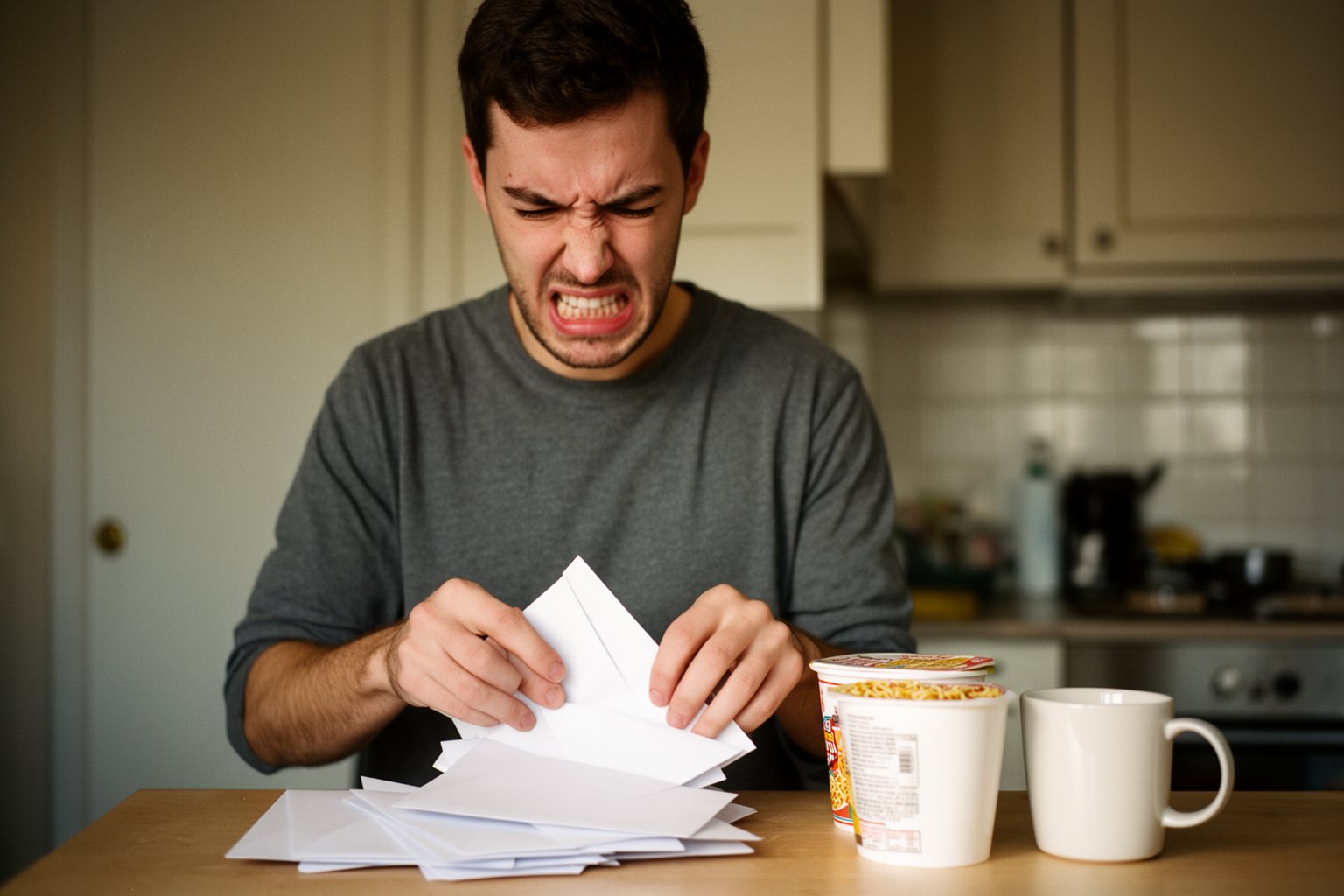 The Humorous Side of #Adulting: Welcome to the Real World Young man pulling a face at a stack of mail on his kitchen counter